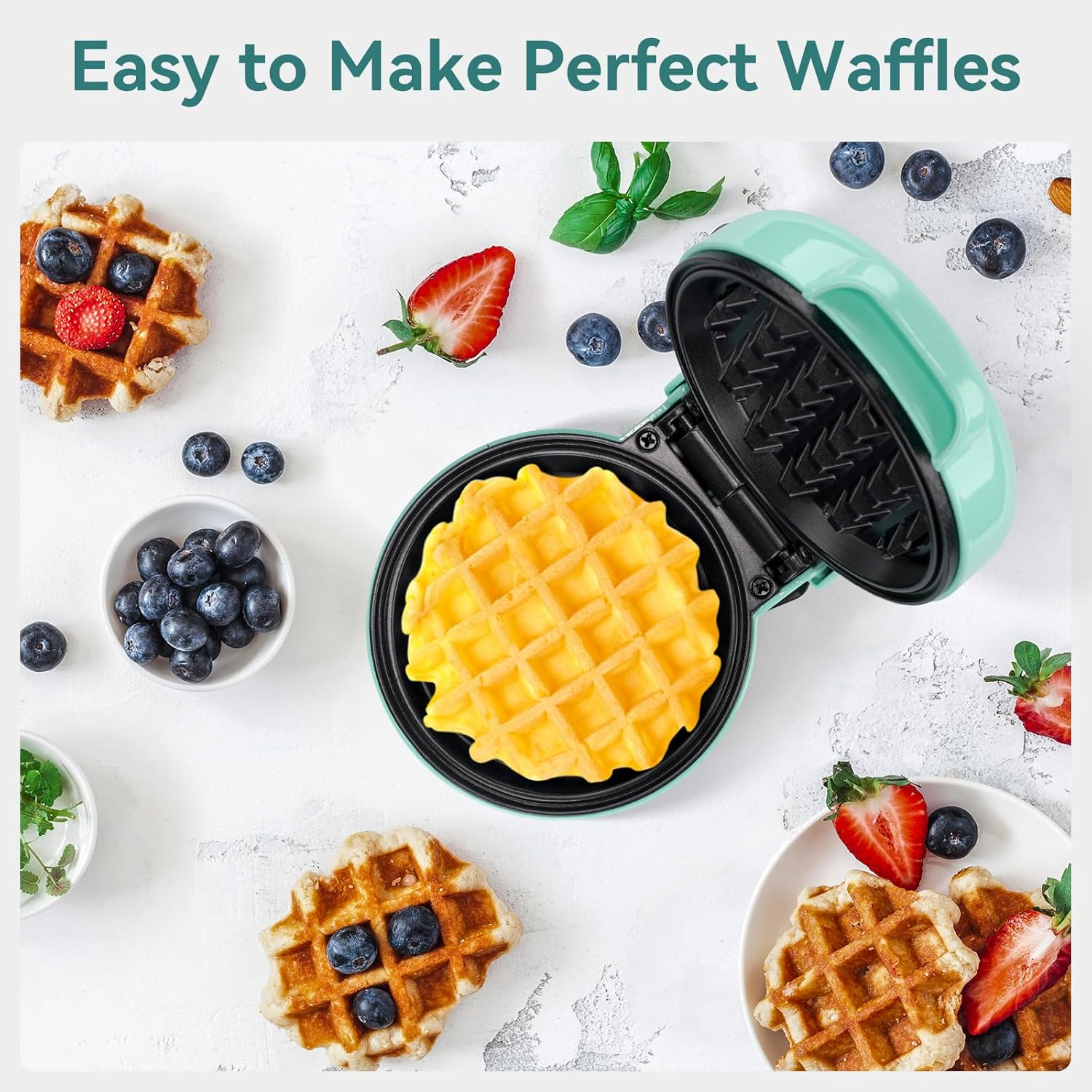 SNAILAR Mini Waffle Maker Belgian Waffle Maker Small Classic Waffle Maker for Children'S Birthdays, Family Parties, Easter or Christmas, Cute and Compact Design, 550 Watts, Green - Green image number 6