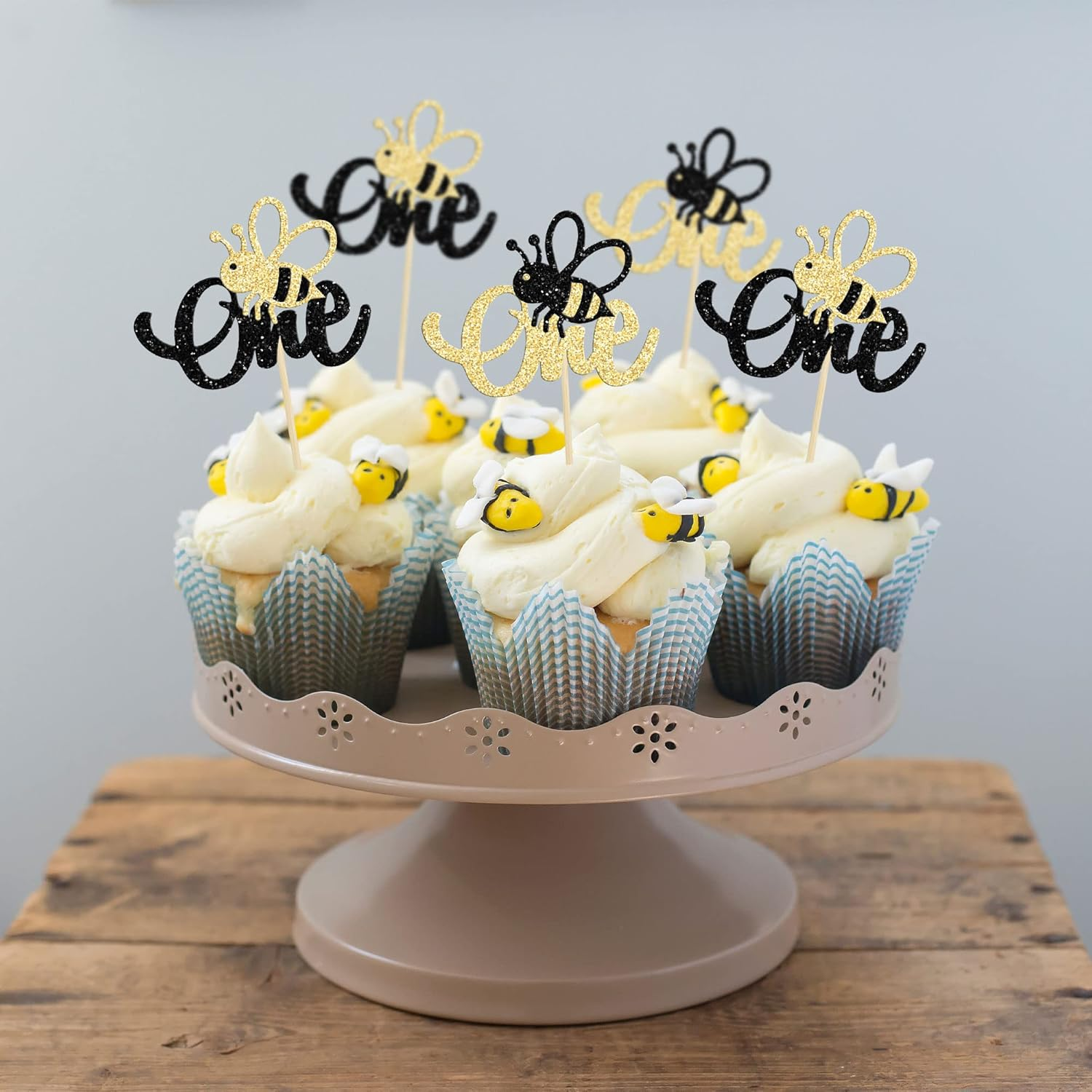 24Pcs Bumble Bee One Cupcake Toppers Glitter 1St Birthday Party Cupcake Picks Decorations for Bee Theme Baby Shower Kids First Birthday Party Supplies