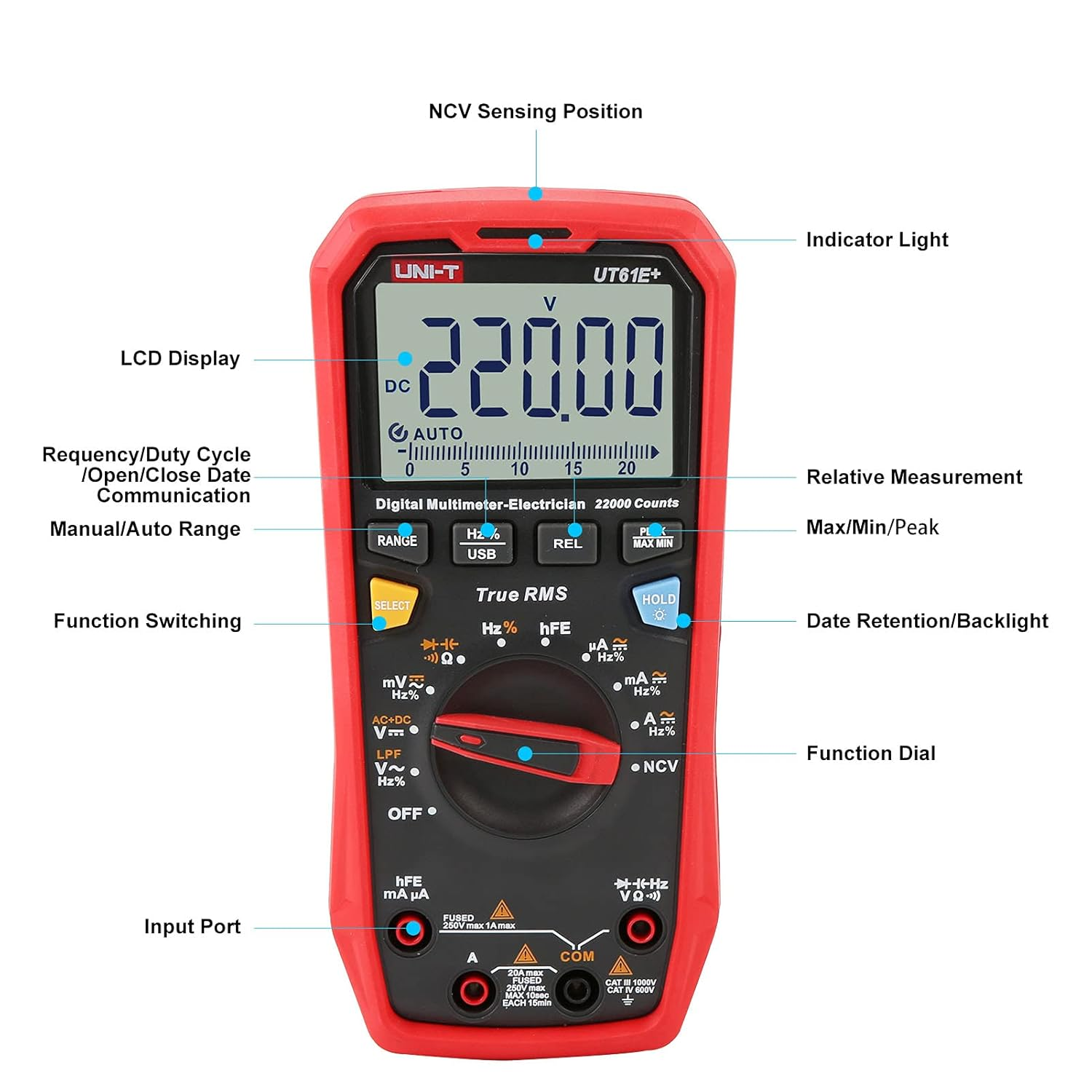 UNI-T UT61E+ 1000V 20A Digital Multimeter 22000 Counts Display NCV Hfe Auto Range True RMS AC/DC Voltage Current Resistance Capacitance Tester image number 6