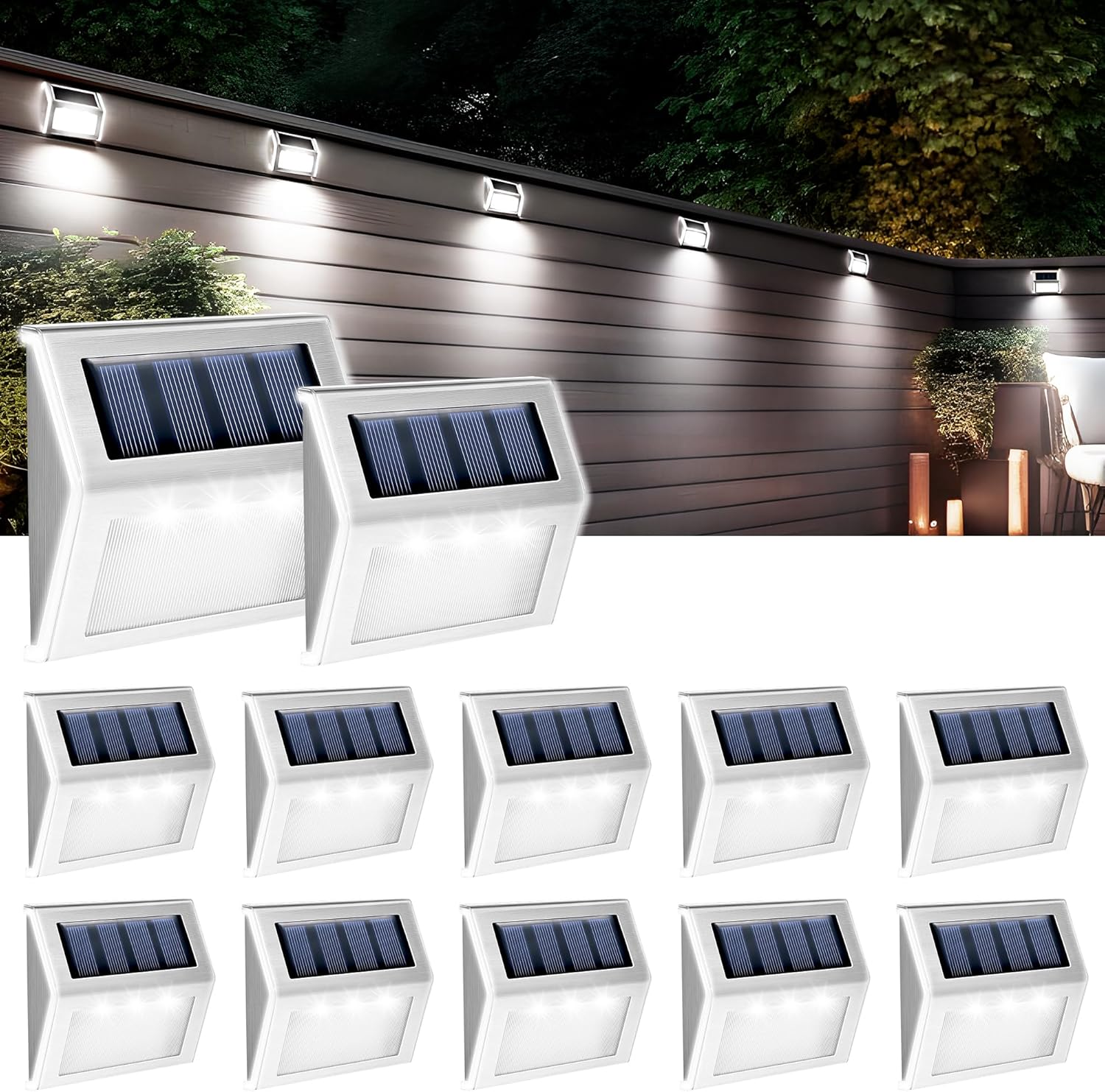 GIGALUMI 12 Pack Solar Fence Lights Outdoor, Waterproof LED Step Lighting Stainless Steel Solar Powered Lights for Step, Stairs, Pathway, Garden (Cold White) image number 6