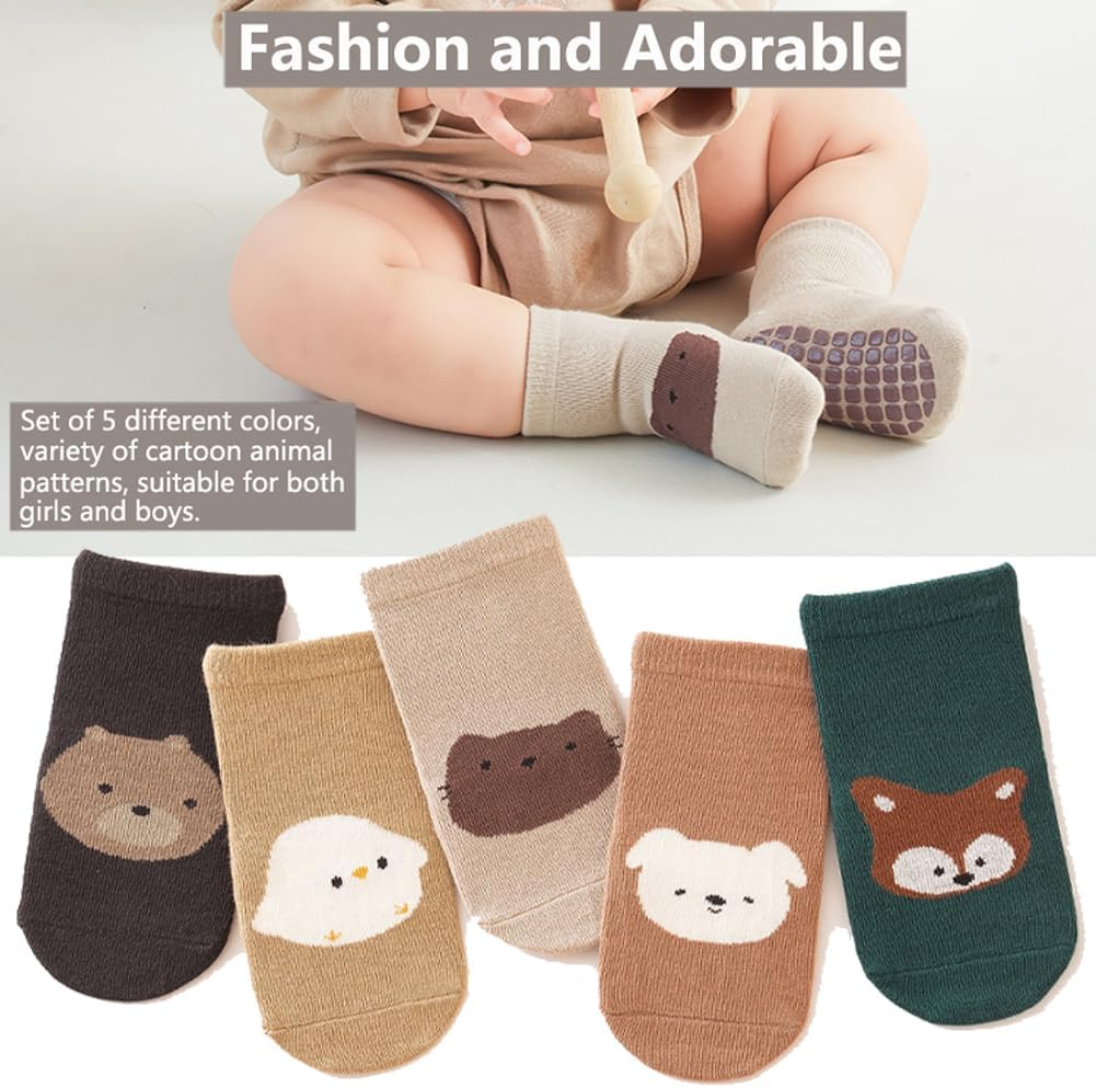 Reelau [5 Pairs] Baby anti Slip Grip Socks, for 1-5 Years' Kids Cotton Socks with Grips Unisex Non Slip Grip Socks Baby Floor Crawling Ankle Sock image number 5