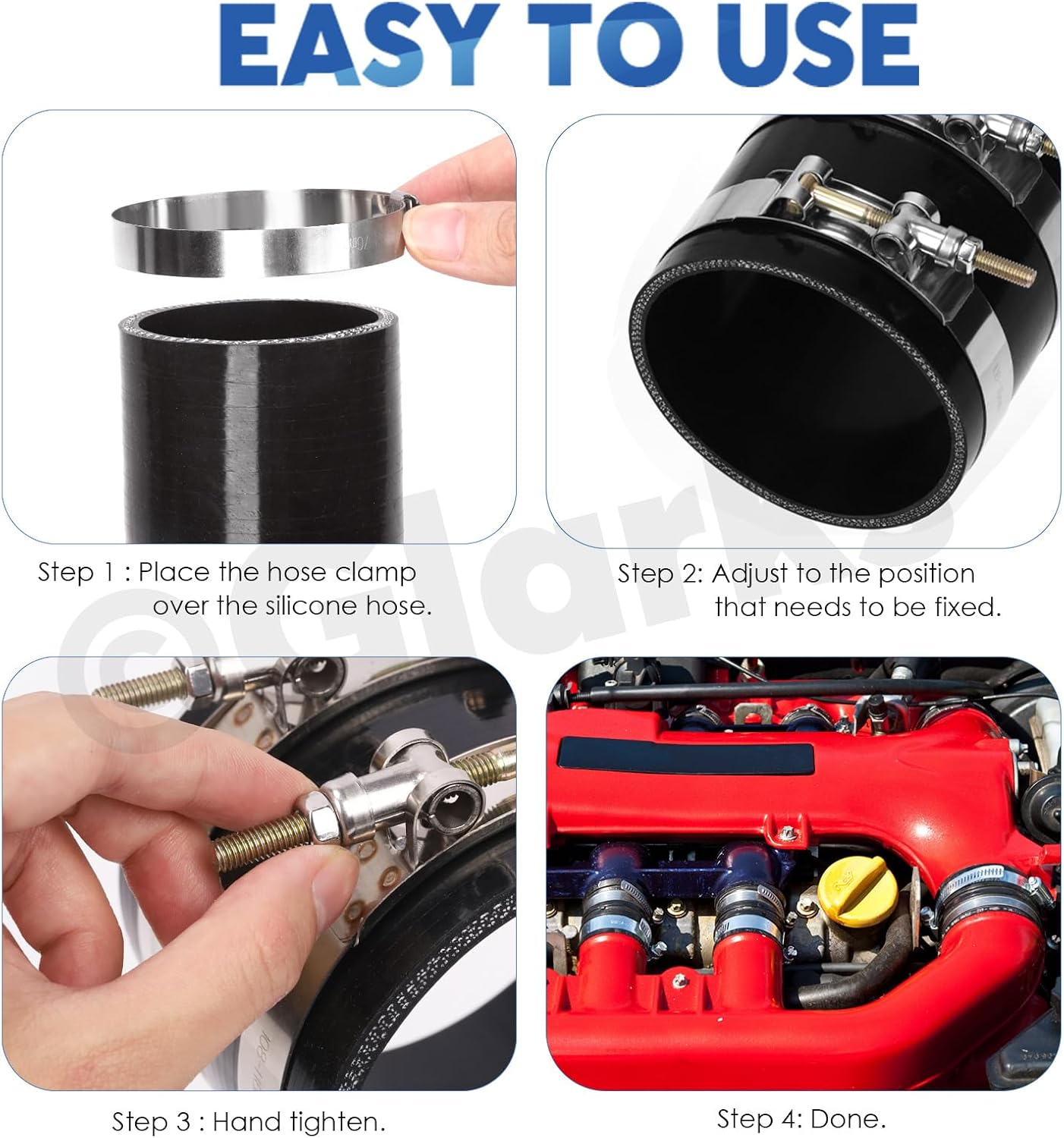 Glarks 7Pcs Straight Coupler Silicone Hose Set Includes 1Pcs ID 2.5In 4-Ply High Performance Coupler Silicone Hose 2Pcs 2.8-3.1In T-Bolt Clamp 4Pcs M6 Hex Nut image number 4