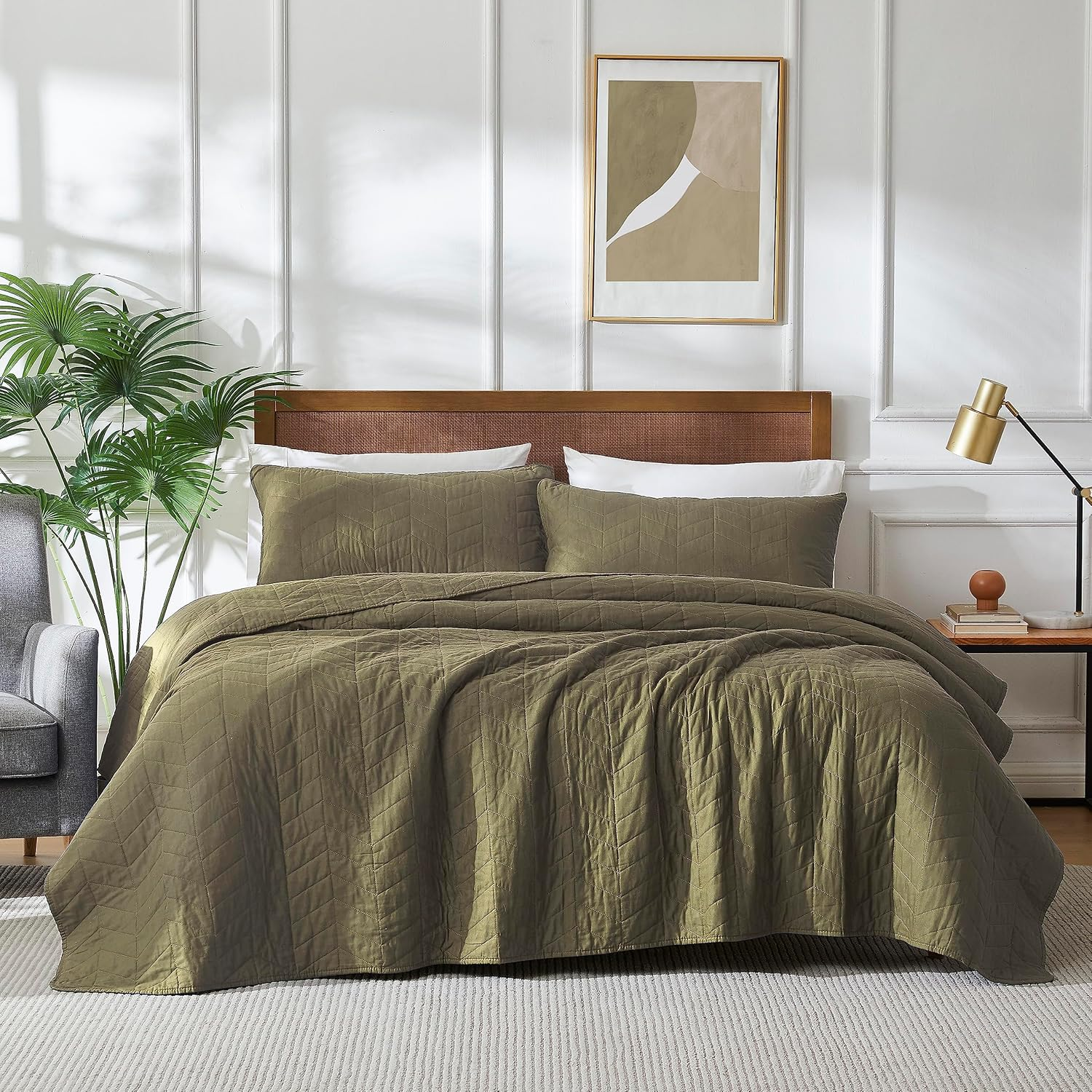 Palassio Green Cotton Quilt Queen Size Bedding Sets with Pillow Shams, Olive Lightweight Soft Bedspread Coverlet, Sage Quilted Comforter Bed Cover for All Season, 3 Pieces, 90X96 Inches image number 5
