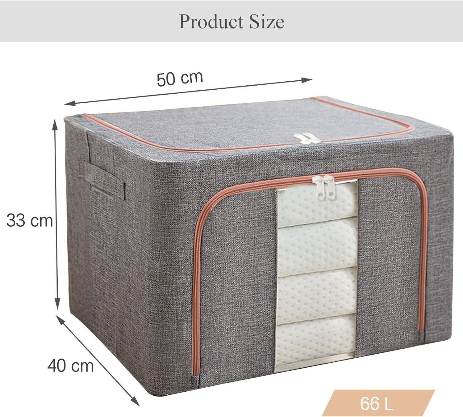 2 Pack Clothes Storage Box with Zipper, 66L Foldable Linen Container with Handles Large Capacity Storage Organizer (Grey 66L) image number 4
