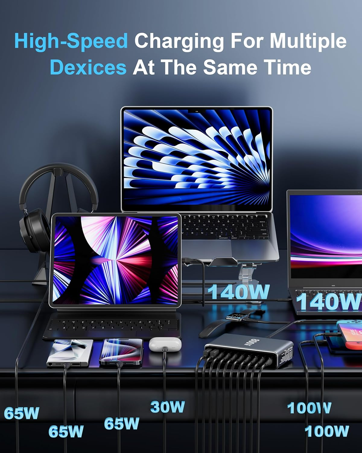 ARIELLX 800W USB-C Charging Station - 140W USB C Charger, 100W USBC Gan Laptop Charger, 10-Port Multi Fast Charger Dock Compatible with Macbook Pro, Ipad, Iphone 16 Pro Max/15, Samsung Galaxy, Dell image number 6