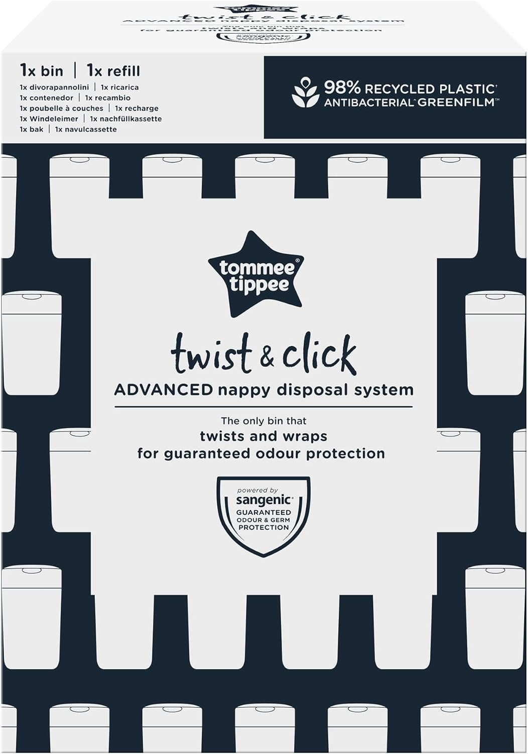 Tommee Tippee Twist and Click Nappy Bin, Includes 1X Refill Cassette with Multilayer, Antibacterial Film, 100% Recycled Chassis, White image number 5