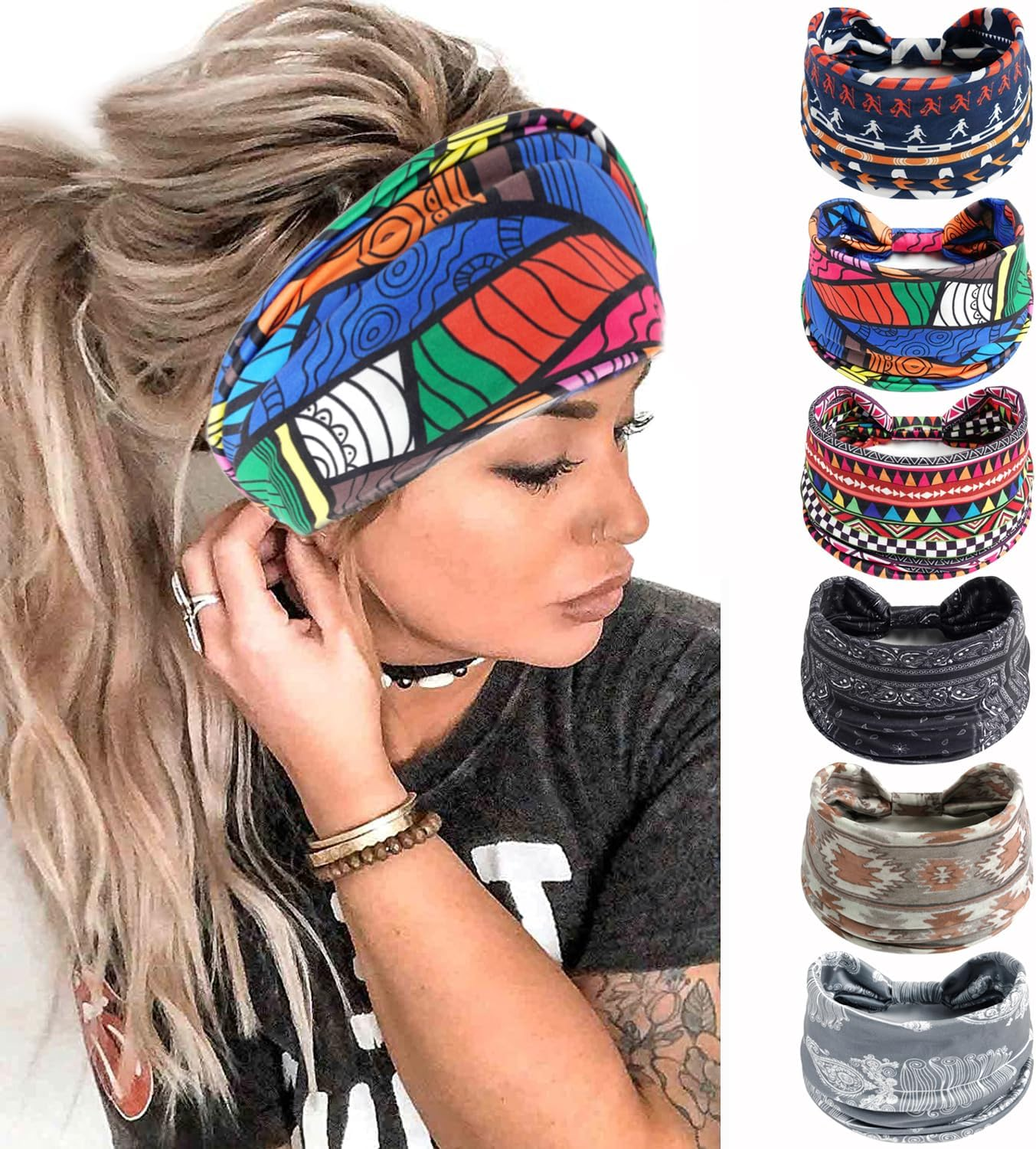 6Pcs Headbands for Women Wide Knotted Turban Bandana Boho Head Scarfs Wraps Yoga Hairbands Fabric Elastic Headband Sport Running Headscarves