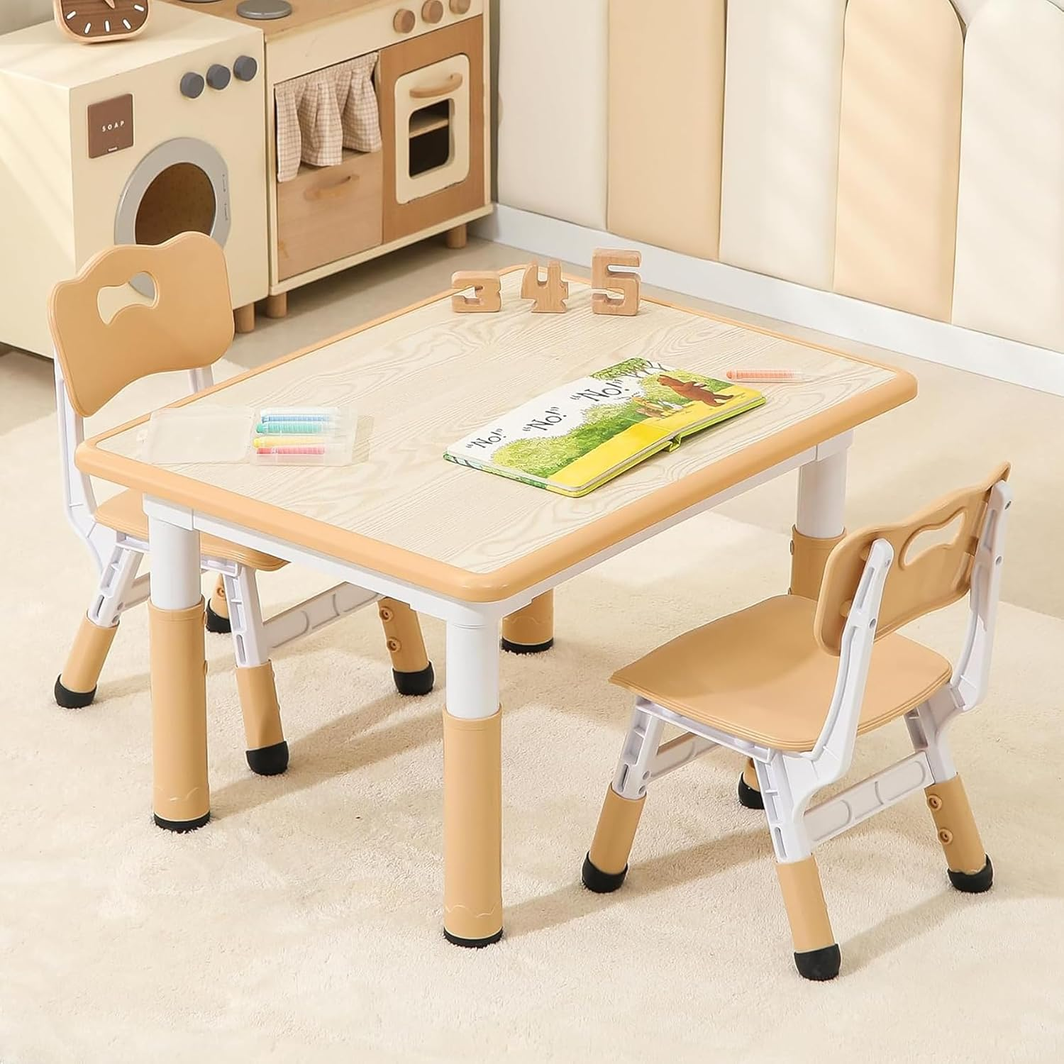 Kids Table and 2 Chairs Set, Height-Adjustable Toddler and Desk and Chair, Children Activity Graffiti Desktop for Classroom Daycare Home, 3-Piece Set Yellow Beige image number 5