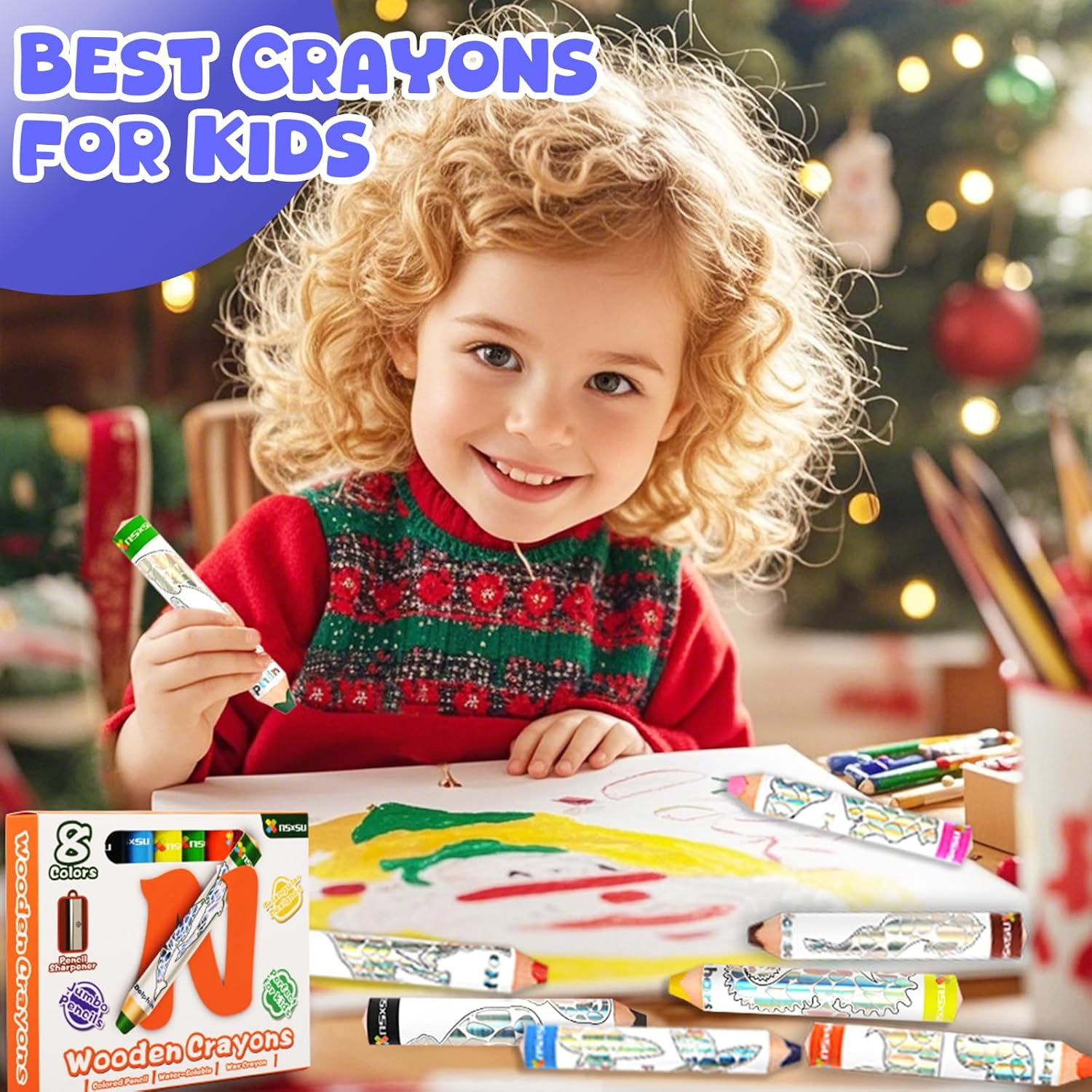 Nsxsu Wooden 3 in 1 Jumbo Crayons for Toddlers & Kids, Chunky Washable Bath Crayon, Water Soluble Thick Colored Pencils, Fat Triangular Color Pencil with Sharpener, Easy-Grip (Classic Color, 8) image number 4
