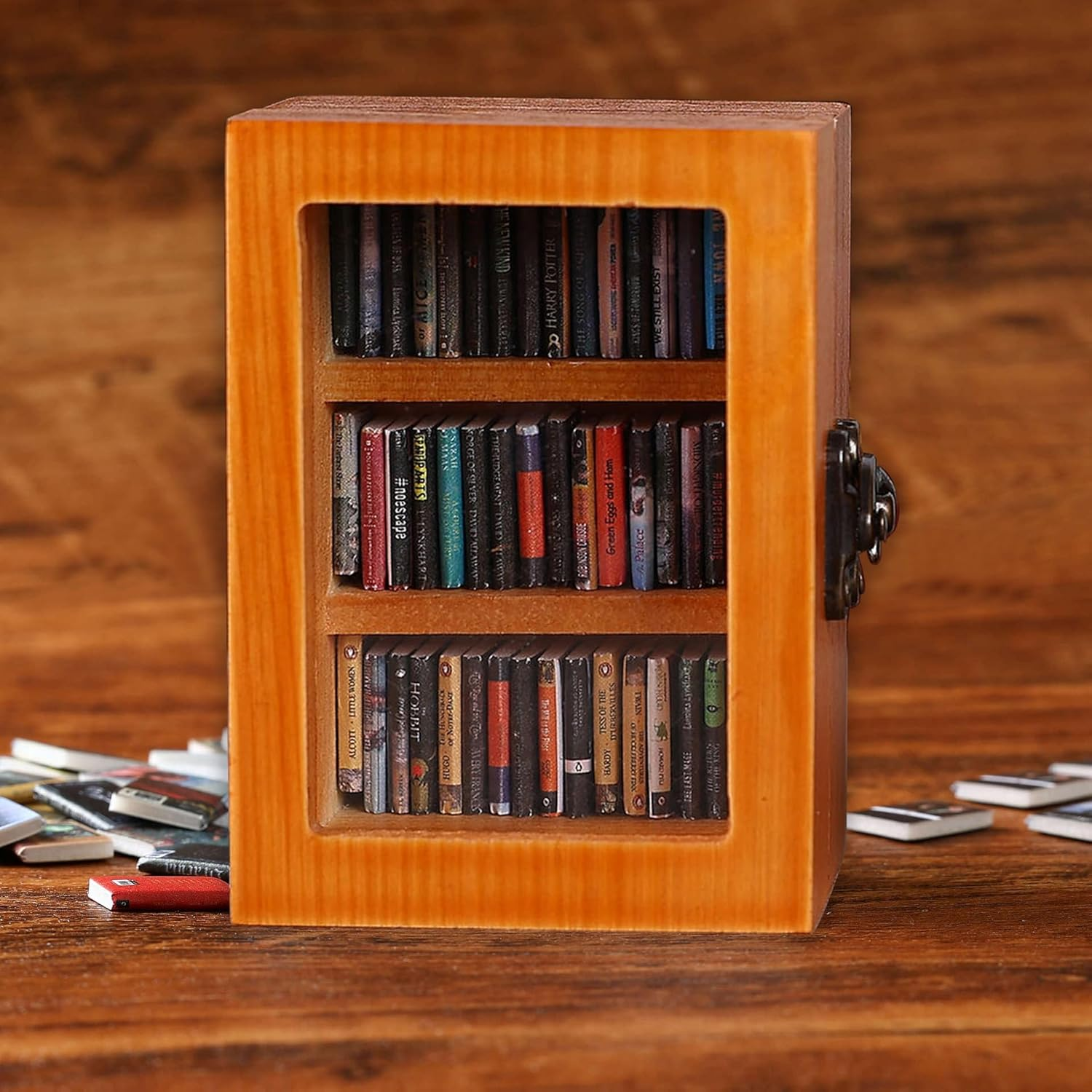 Miniature Book Library Decoration, Pocket Anxiety Bookshelf with 60 Mini Books, Handmade Antique Style Storage Display (Brown) - Blue image number 4