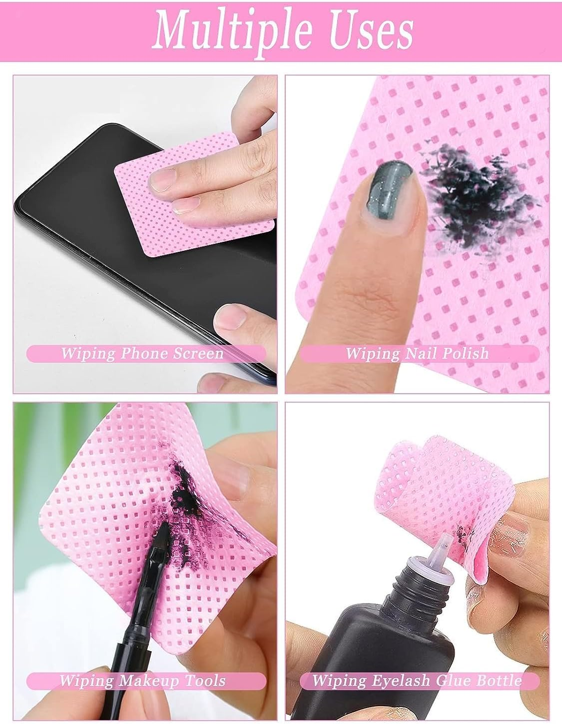 Lint Free Nail Wipes, 400 PCS Non-Woven Fabric Nail Polish Cleaning Pads Pink Lash Extensions Glue Cleaning Remover Wipes Beauty Salon Supplies image number 2