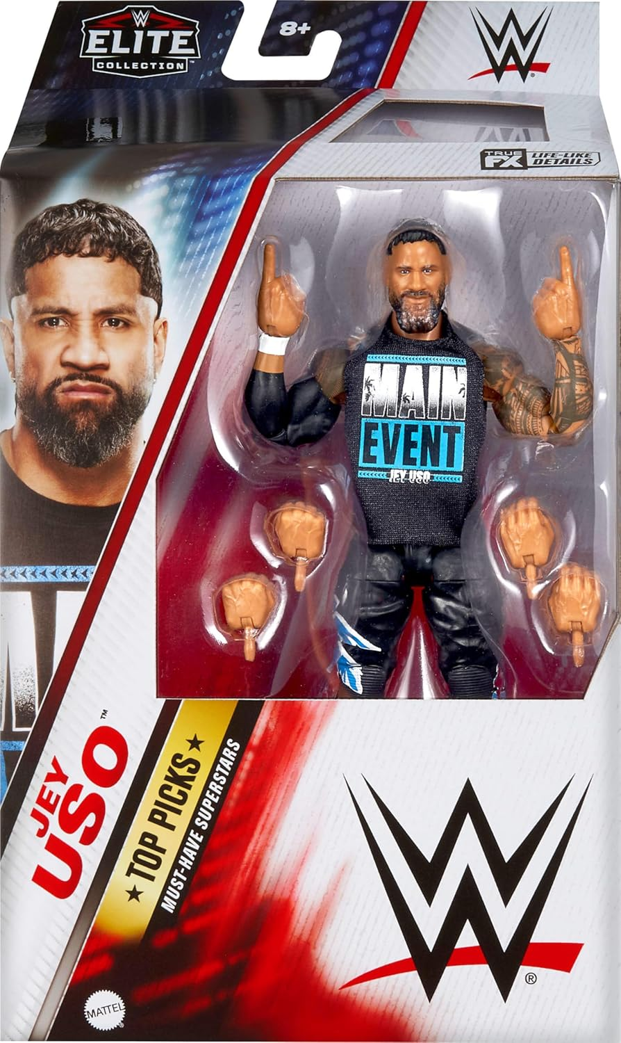 Mattel WWE Top Picks Elite Action Figure & Accessories Set, Jey USO 6-Inch Collectible with Swappable Hands, Ring Gear & 25 Articulation Points image number 5