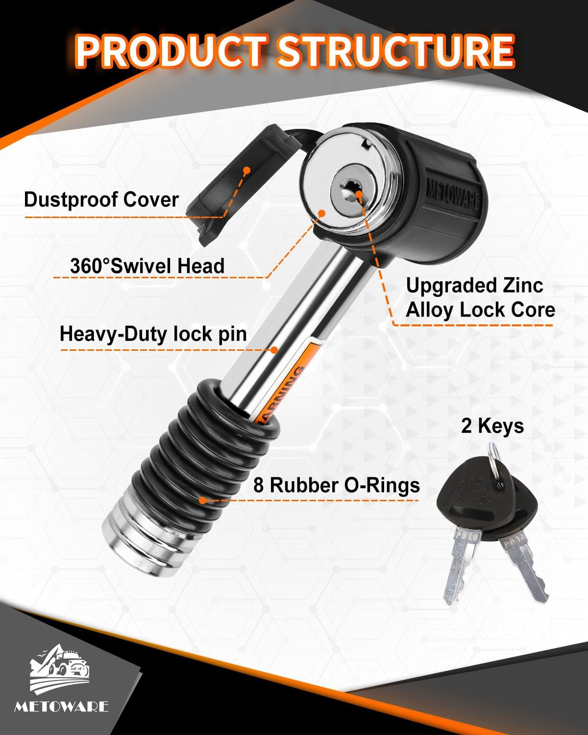METOWARE Swivel Head Trailer Hitch Receiver Lock, 5/8" Diameter Pin Lock, Fits 2" or 2-1/2" Receiver (1 Pack) image number 1