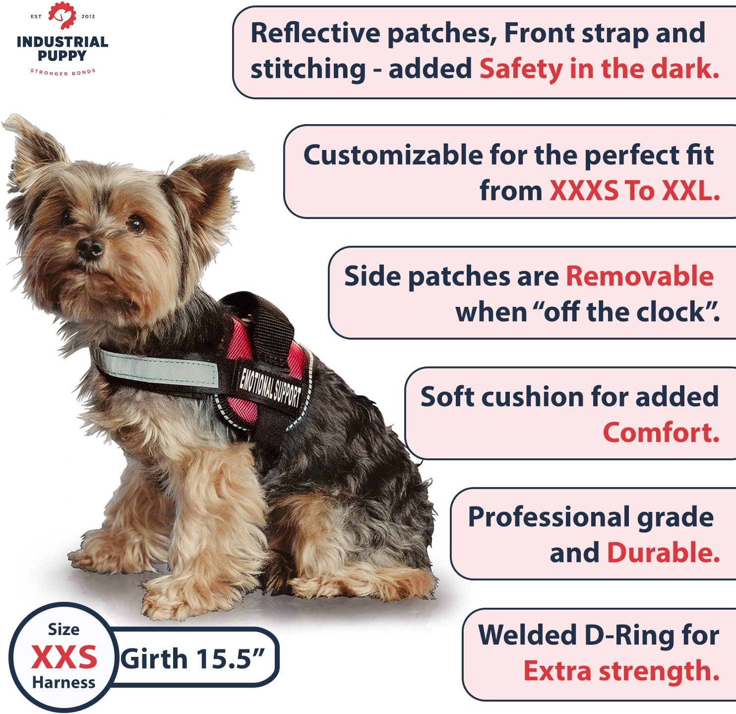 Industrail Puppy Emotional Support Vest Harness with Hook and Loop Straps and Handle, 2 Reflective Emotional Support Velcro Patches, Detachable, ESA Matching Leash Set, Dog Accessories, XXS, Red image number 1
