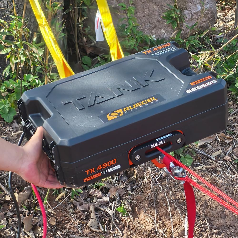 RUGCEL WINCH 12V DC Electric Portable Utility Winch 4500Lb/2041Kg Single Line Pull with Steel Mounting Plate, Integrated Hawse Fairlead and Synthetic Rope,Wiress Remote image number 4