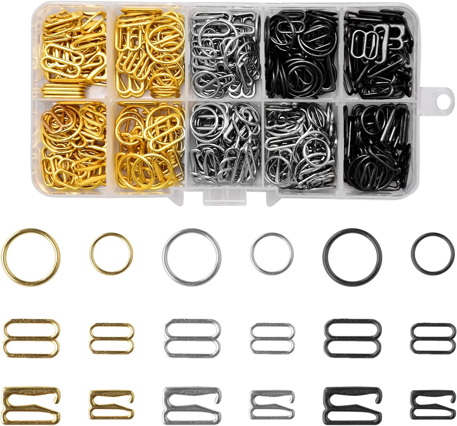 360Pcs Metal 3 Styles Bra Strap Hooks for Sewing Bikini Swimsuit Lingerie Rings Halter Tops Metal Bathing Suit Clips Clasp Adjustment Slider（Gold Silver and Metallic Black, 2 Size, Boxed） image number 2