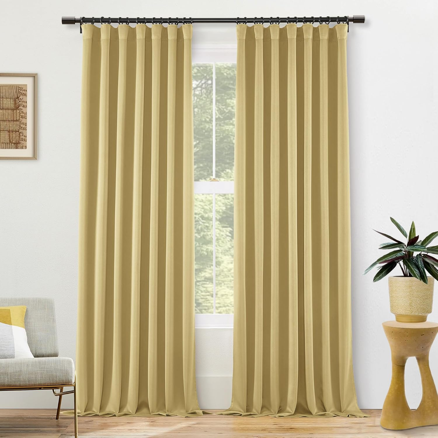 SHINELAND Gold Yellow Curtains 90 Inches Long 2 Panels Set,Blackout Back Tab Pleated Soundproof Noise Cancelling Reducing Curtain Drapes for Living Room Track System Hooks with Clips image number 4