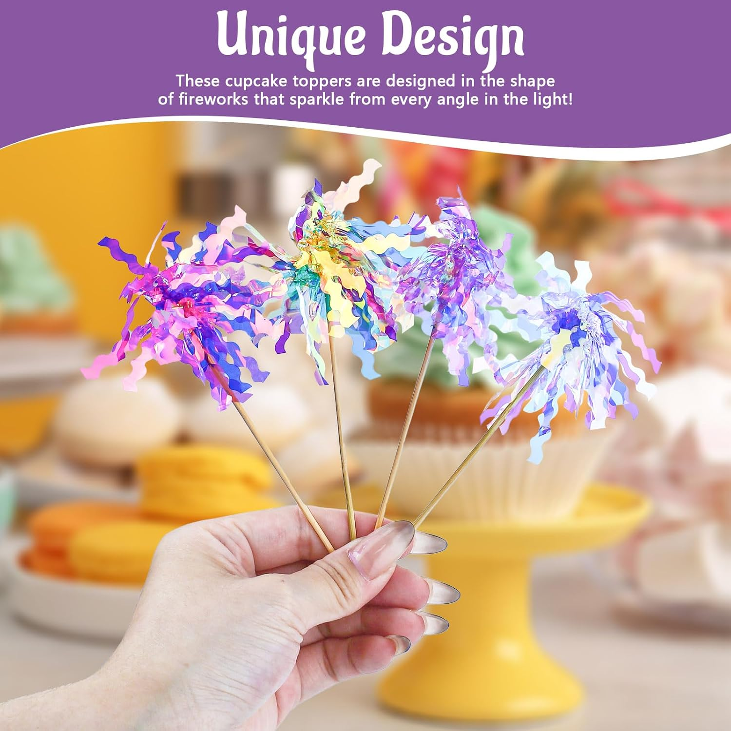 40 Pieces Colorful Firework Cupcake Toppers, Sparkle Tinsel Birthday Cake Decorations, Foil Frill Toothpicks for Christmas Wedding Party Graduation Ceremony Decor (Style 2) image number 4