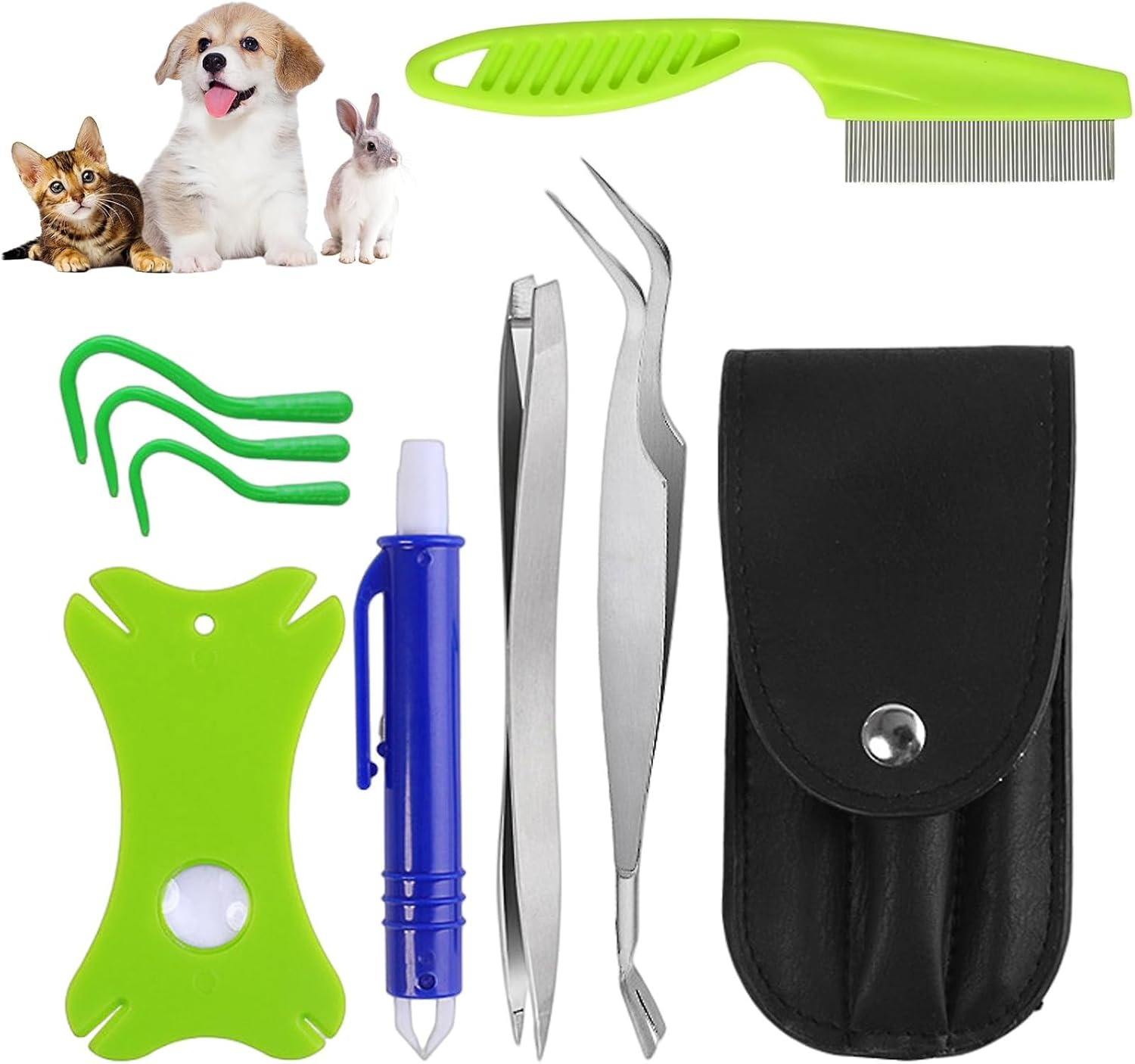 Vireeyu 7-Piece Stainless Steel Flea & Tick Removal Tool Set - Safe Tick Protection for Dogs, Cats, Pets & People - Includes Tick Tweezers, Hook, Card & More image number 1