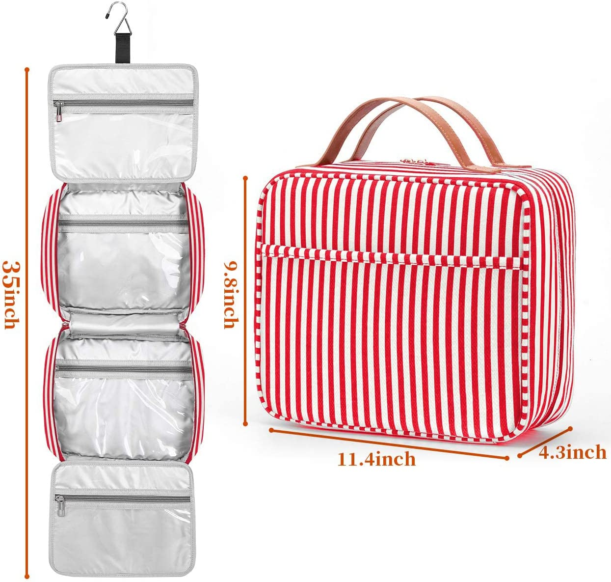 Hanging Travel Toiletry Bag, Large Capacity Cosmetic Waterproof Makeup Organiser for Women Wit 4 Compartments 1 Sturdy Hook Travel Accessories Kit for Bathroom Shower（Red） image number 2