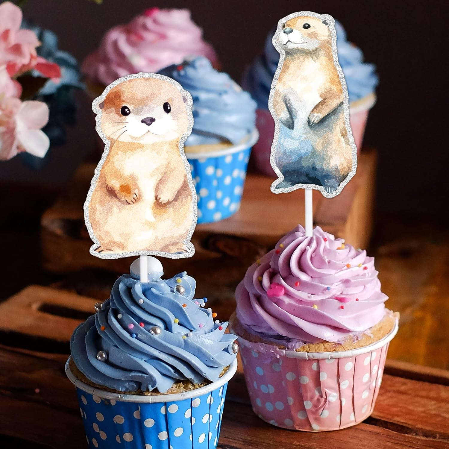 18Pcs Cute Cartoon Otter, Sea Otter Animal Them Happy Birthday Cupcake Decorations Set - Perfect for Boys Girls Birthday Party, Baby Shower, Animal Theme Party Kawaii Zoo Decoration Supplies - LIANGSS image number 3