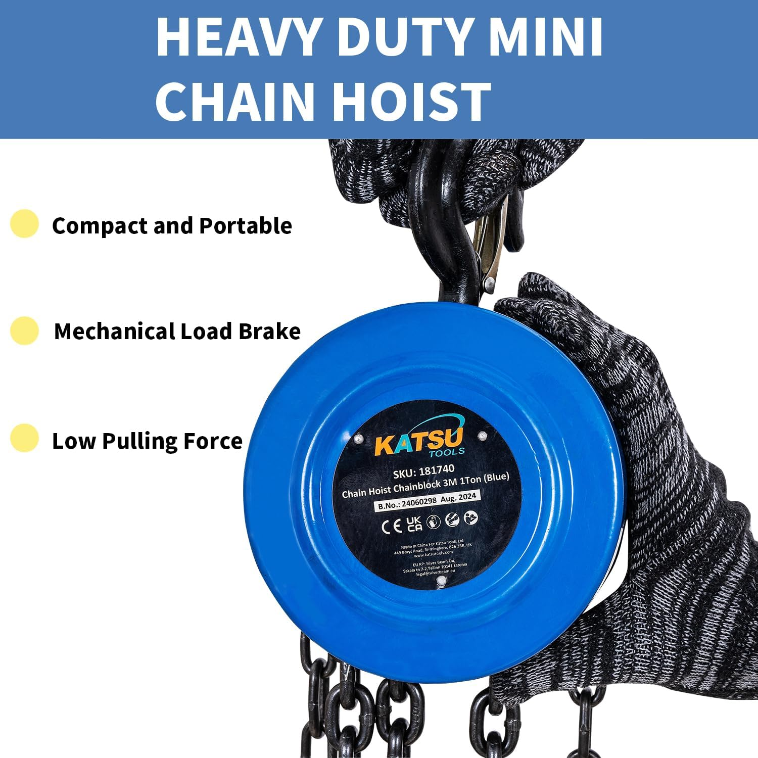 KATSU Tools Chain Hoist 1000 Kg 3 M Lifting Height, Robust Hook with Safety Bar, Chain Block, Garage Car Engine Heavy Duty Lifting Tool 181740 image number 2