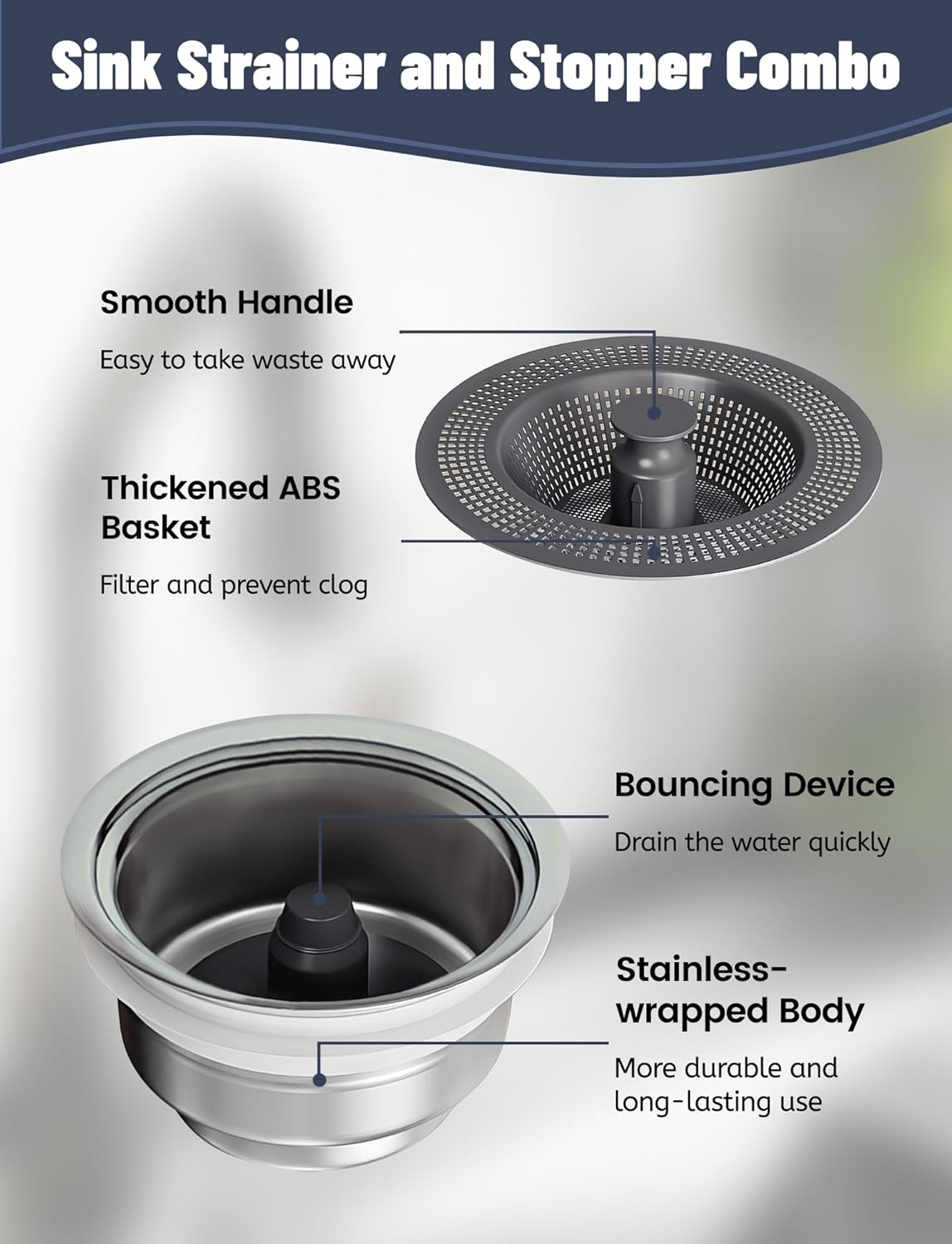 Upgraded Kitchen Sink Drain Strainer and Stopper Set 304 Stainless Steel Pop up Sink Drain Strainer with Rod Anti-Clog Kitchen Sink Filter Clog-Free Kitchen Sink Strainer Light Silver - Light Silver image number 3