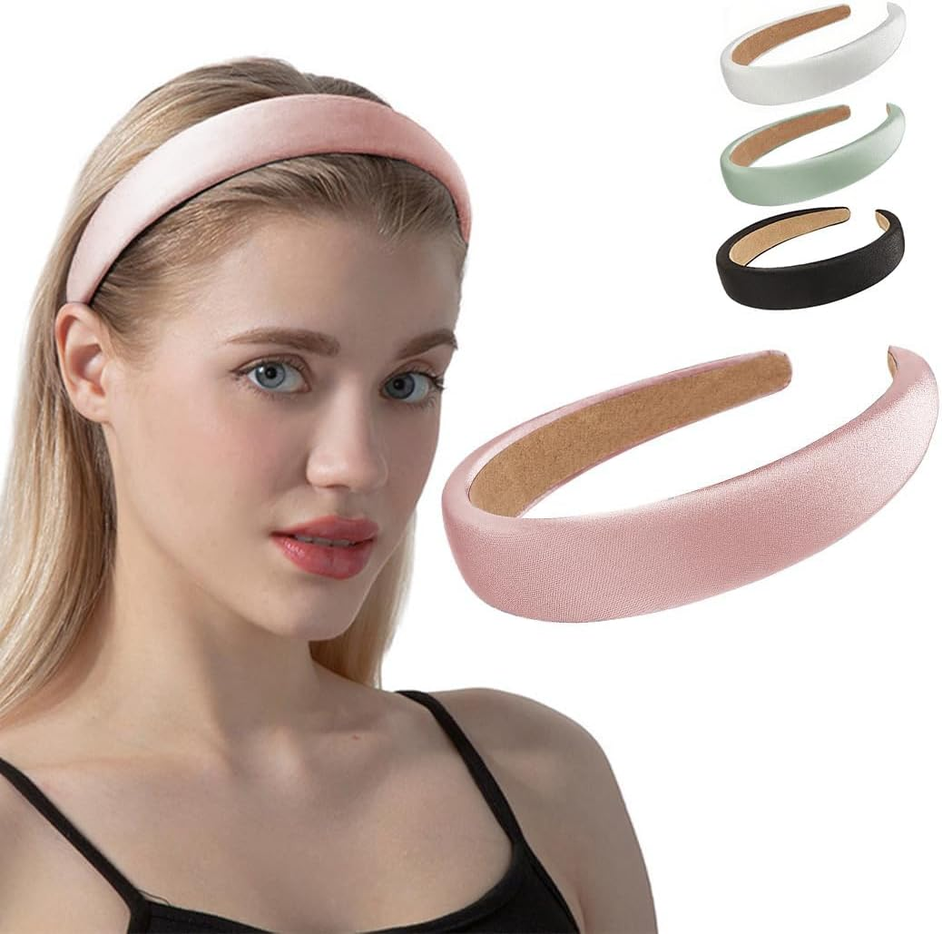 1.2 Inch Wide Solid Colors Padded Headband with No Teeth Hair Bands Non Slip Fashion DIY Satin Sponge Head Band for Women and Girls(Green)