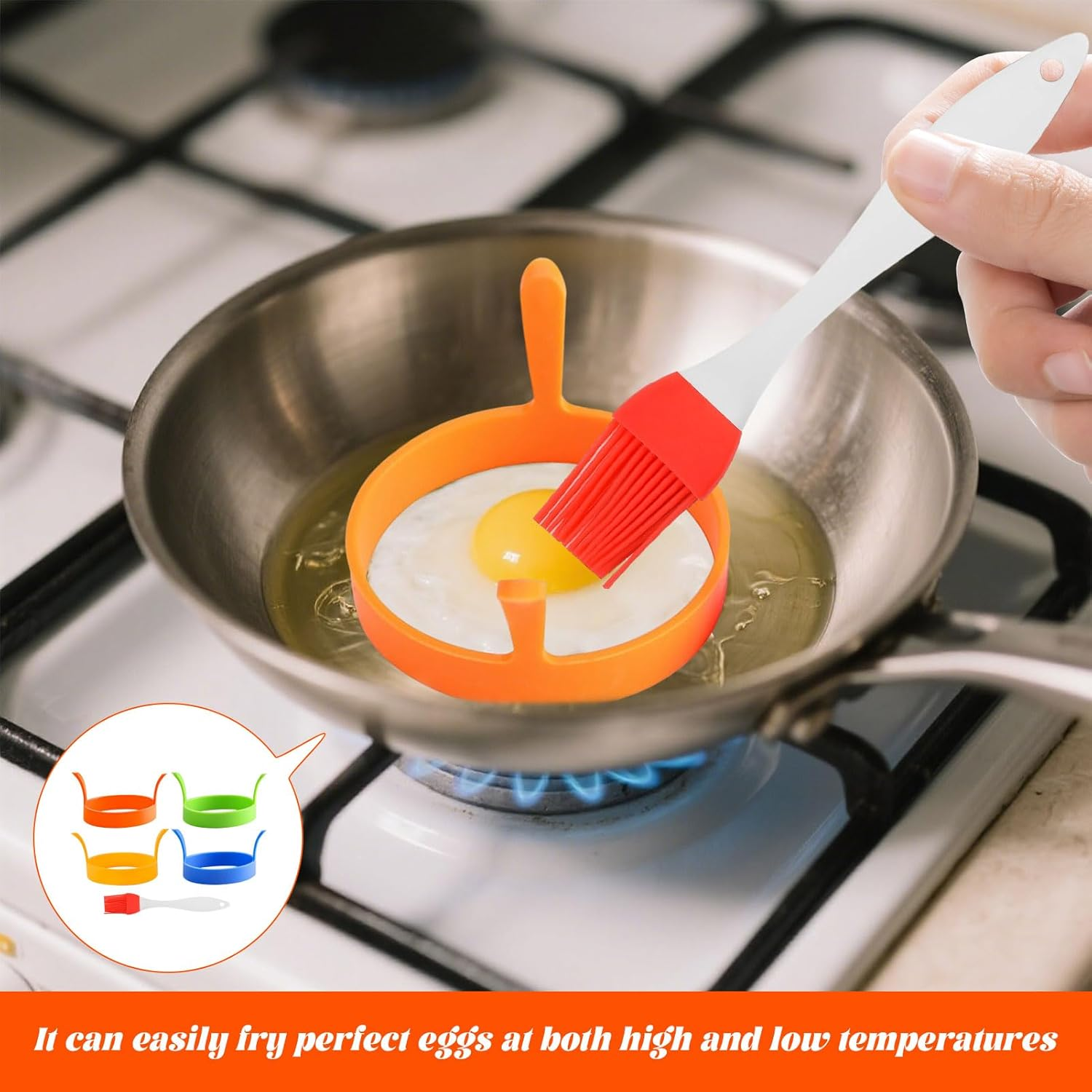 Egg Rings, 4Pcs Egg Ring, Silicone Egg Molds, Silicone Eggs Rings Mold with Brush, Kitchen Baking Tools with Easy Handles, Non-Stick Molds for Fried Eggs, Cooking, Pancakes, Breakfast Sandwiches image number 4