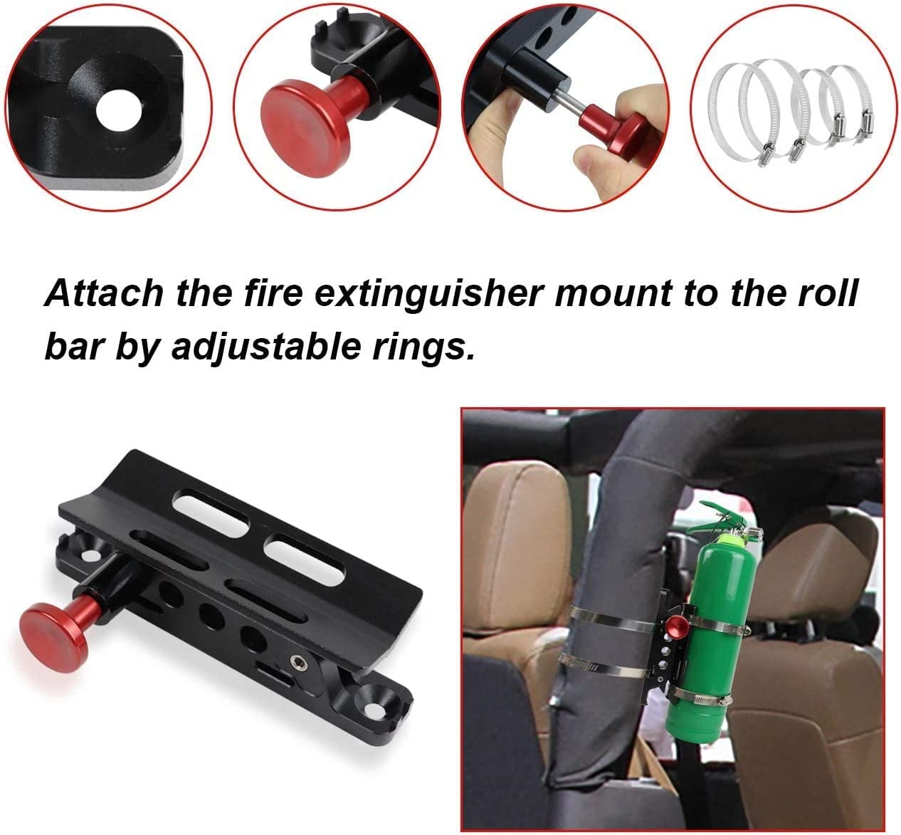 Universal Quick Release Roll Bar Fire Extinguisher Mount Bracket 6061-T6 Billet Aluminum Compatible with for Jeep Wrangler UTV Polaris RZR Ranger Can-Am Maverick ATV image number 6