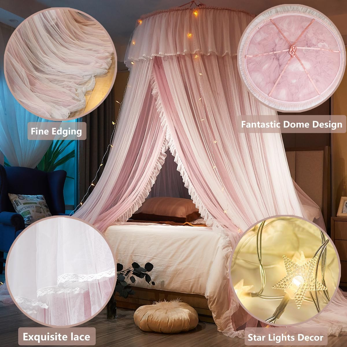 Elegant Double Layer Bed Canopy, Princess Lace round Dome Canopies Netting Mesh Bed Curtain Drapes for Kids Adults Children Dreamy Mosquito Nets Bedroom Decoration Castle Play Tent Reading Nook image number 5