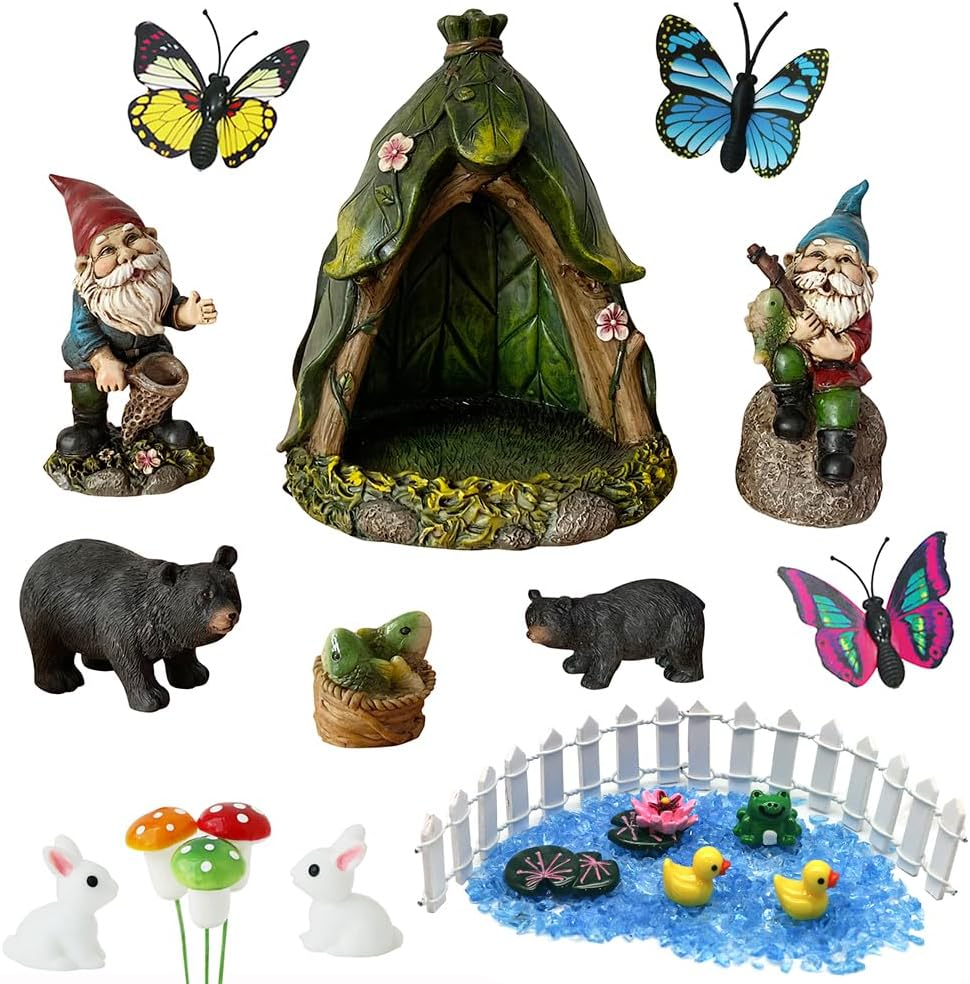 Bangbangda Outdoor Miniature Gnome Garden Kit- Fairy Houses Village Accessories Set Fishing Gnome Figurines Statue Patio Cake Topper Decor for Boy Girl Mother Girlfriend Birthday Gifts