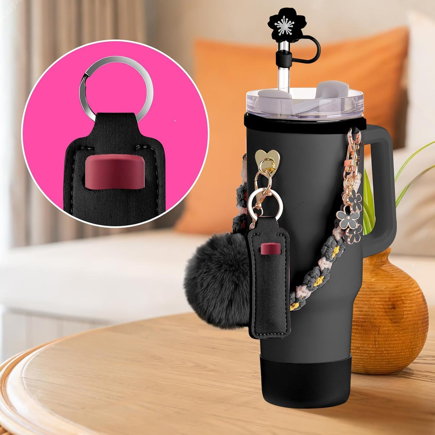 Cup Accessories for Stanley Cup 30Oz 40Oz Tumbler with Handle, Including Water Bottle Handle Strap, Chapstick Holder, Boot, Keychain Charms, Straw Topper Cover Cap for Stanley (Black) image number 4
