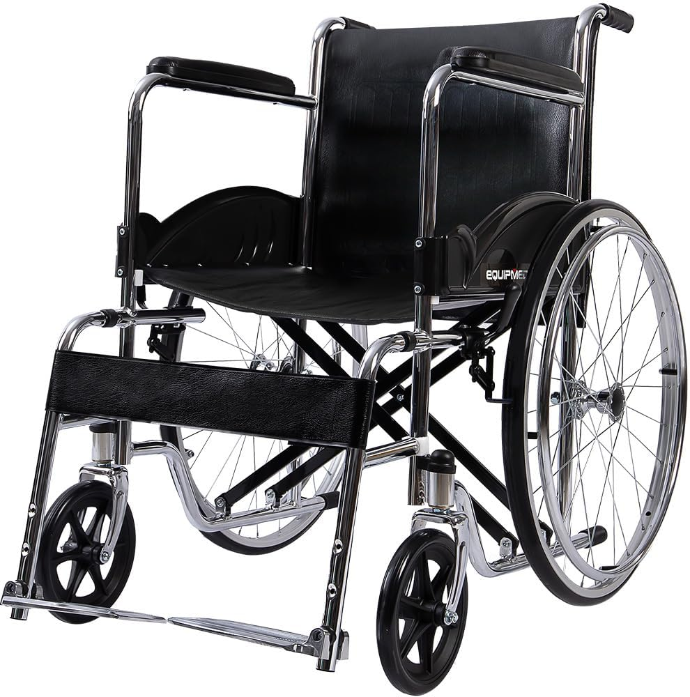 "Equipmed Folding Manual Wheelchair Self Propelled, 24"" Rear Wheels, Chrome Steel Frame, 46Cm Wide Seat, 100Kg Capacity, Park Brakes" image number 3
