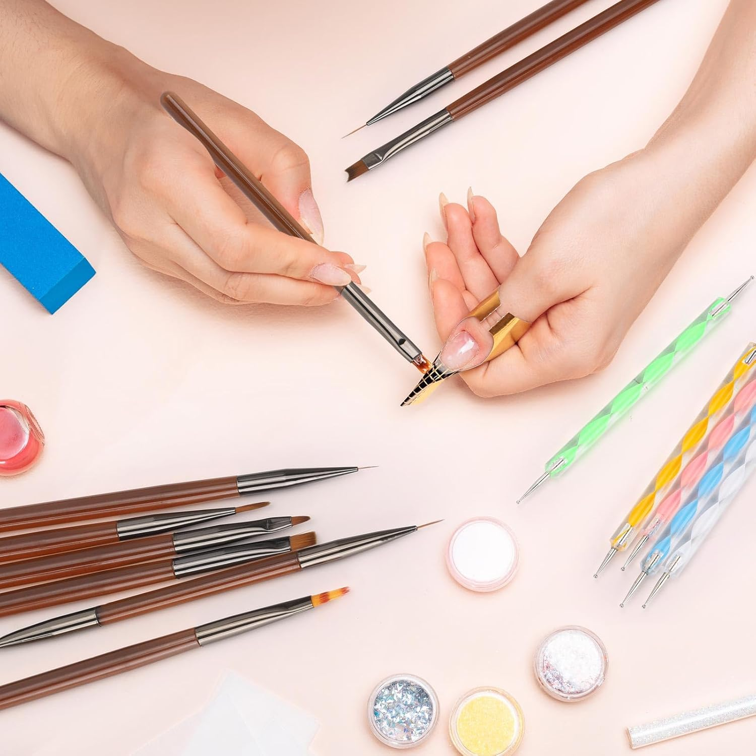 BTYMS 14Pc Professional Nail Art Brushes Set with Double-Ended Dotting Tool Pens,Nail Art Design Drawing Tools Gel Polish Manicure for Home DIY & Salon Use image number 3