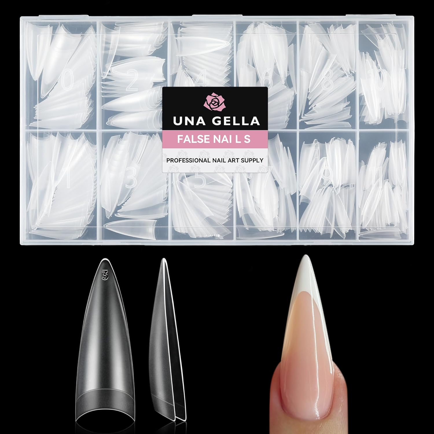 UNA GELLA Stiletto Gel Nail Tips 504Pcs Long Stiletto Almond Clear Curved Nails Tips Half Cover False Fake Nails for DIY Press on Nails Extension Art Salon 12 Sizes image number 4