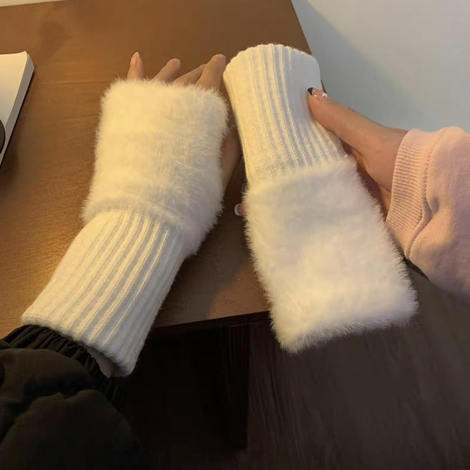 Winter Fingerless Gloves, Furry Wrist Warmers, White and Black image number 1