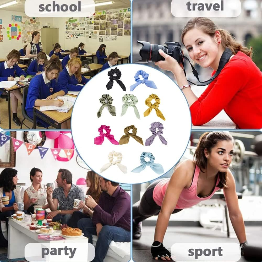 Pack of 10 Hair Bobbles Ponytail Holder Women Bow Hair Ties Rabbit Ear Hair Scrunchies Chiffon Ponytail Holder Hair Bows Ponytail Holder Hair Bobbles Ropes for Women or Girls (9 Colours) image number 3