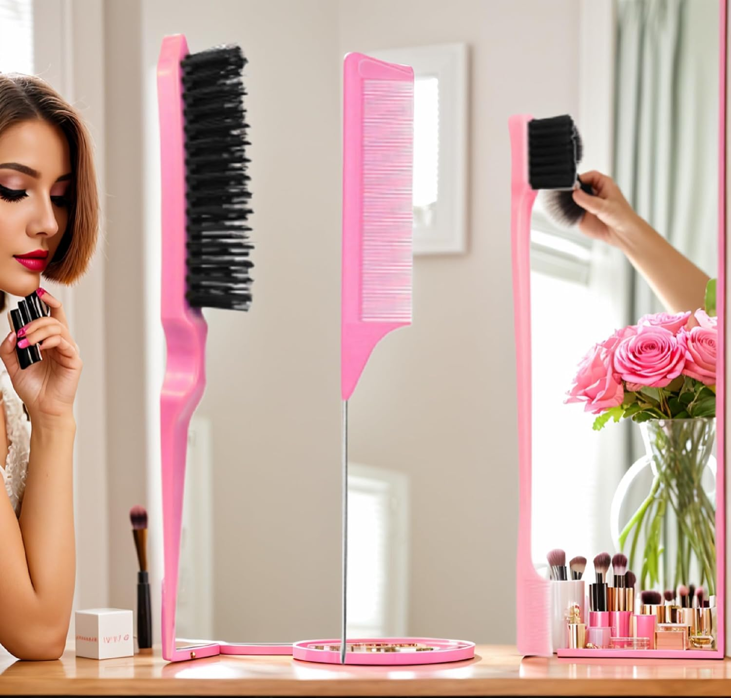 Hair Brush and Comb Set, Pink,3 Pcs Slick Back Hair Brush Set with Edge Brush, Bristle Brush, Rat Tail Comb, Teasing Brush Set for Smoothing Baby Hair & Flyaways - Pink image number 4