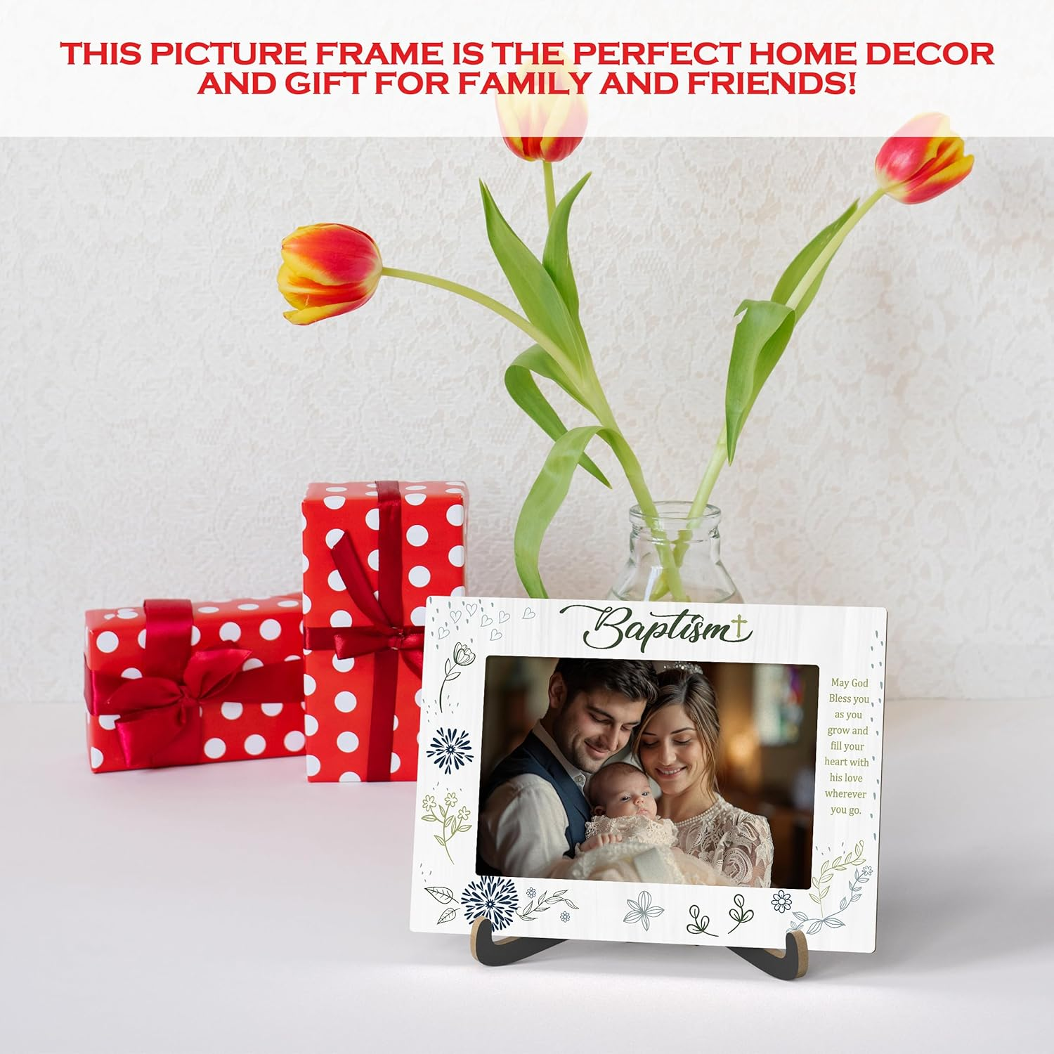 Qiwog Baptism Photo Frame - Baby Baptism Wooden Desktop Picture Frame with Stand - Newborn Baby Boy Religious Gift - Christening Gifts from Grandparents Friends -A29 image number 2