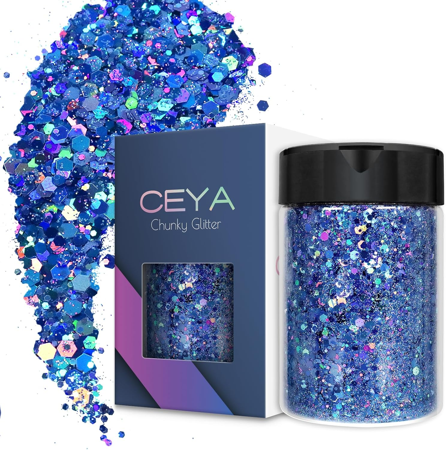 Ceya Holographic Chunky Glitter, 4.9Oz/ 140G Black Craft Glitter Powder Mixed Chunky Fine Flakes Iridescent Nail Sequins for Nail Art, Hair, Epoxy Resin, Tumblers, Slime, Painting, Festival Decor