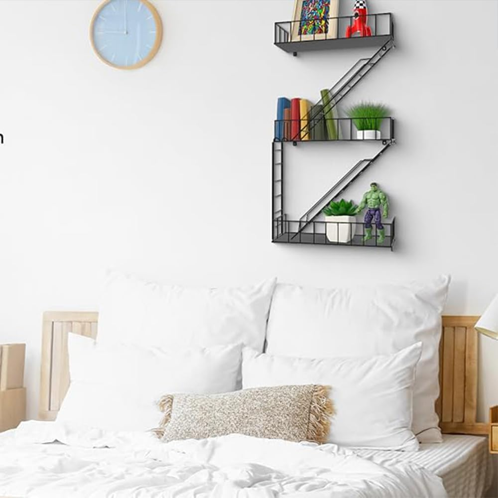 Fire Escape Wall Shelf &ndash; 3 Tier Metal Floating Ladder Shelves, New York Style Decorative Wall Organizer, Action Figure & Book Display Rack for Living Room, Bedroom, Office Decor image number 3