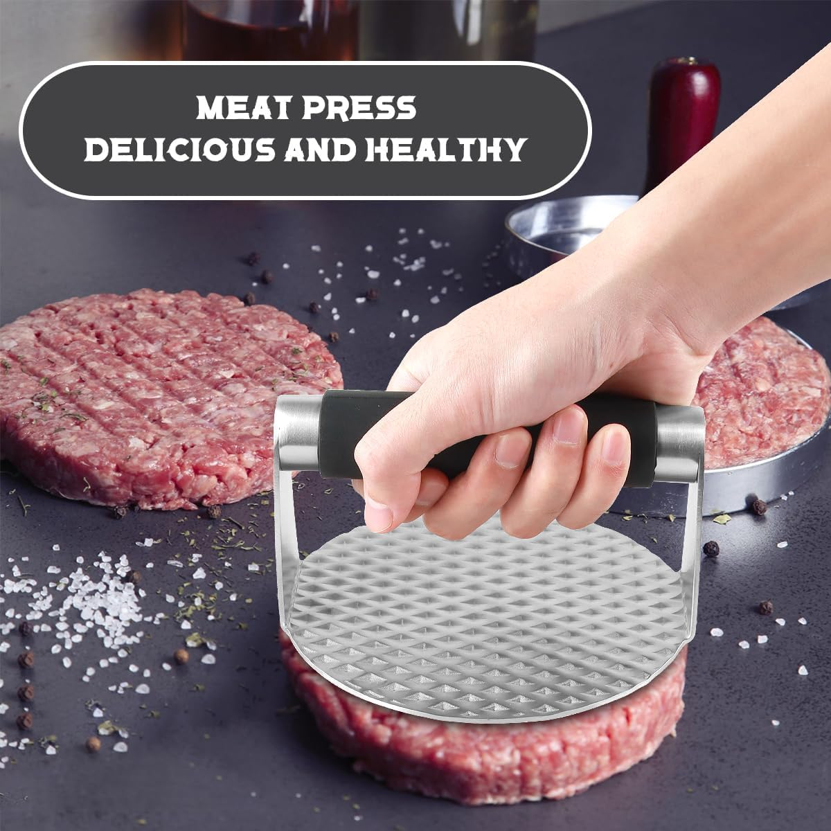Burger Press 5.5" Round, Stainless Steel Burger Press Meat Steak, Professional Burger Smasher, Grill Press for Flat Top Griddle Grill Cooking, Juicy and Crispy Burgers for Bbqs (304 Stainless Steel)