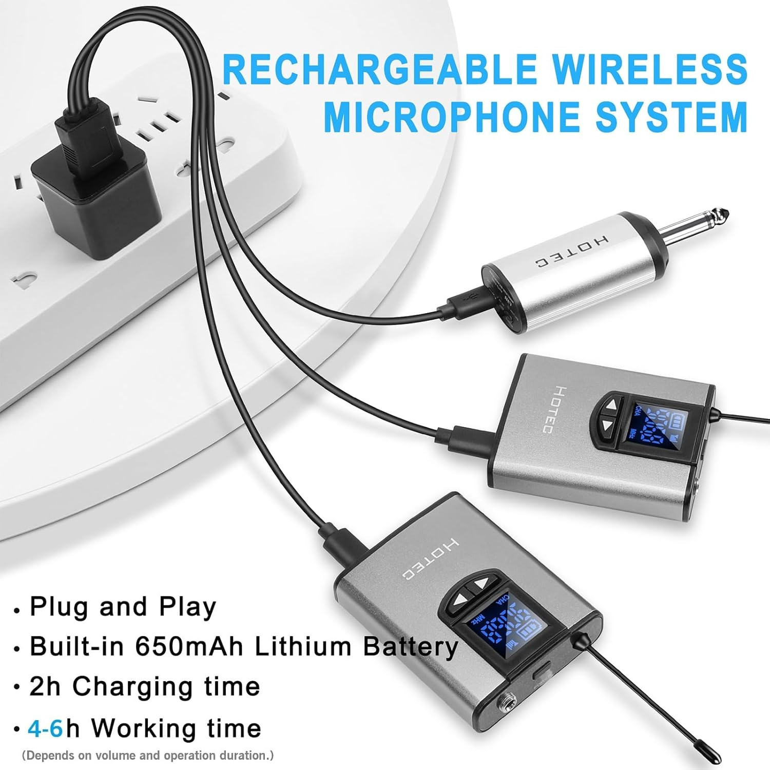 Hotec Wireless System with Dual Headset Microphones/Lavalier Lapel Mics and Bodypack Transmitters and One Mini Rechargeable Receiver 1/4" Output, for Live Performances image number 3