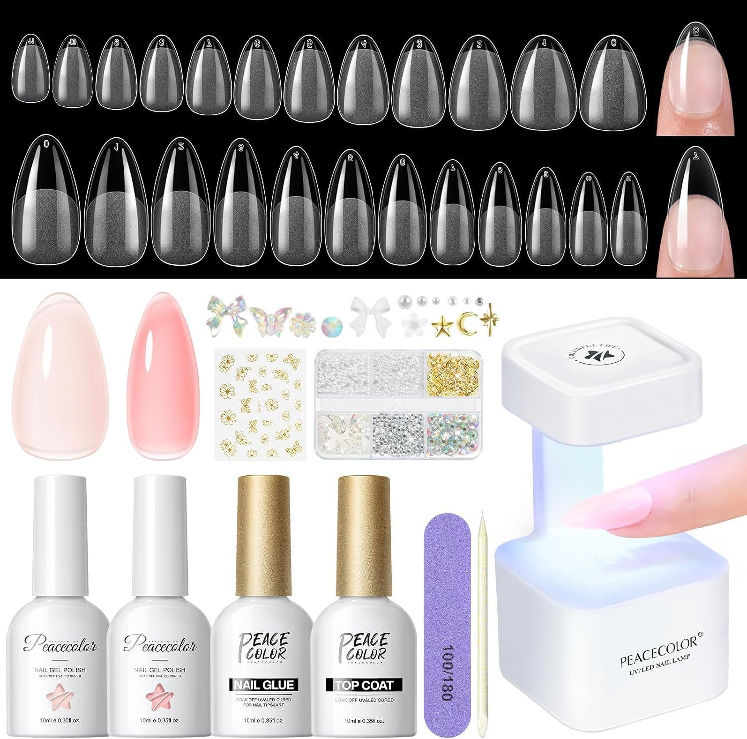 PEACECOLOR Gel Nail Kit, 240Pcs Short Medium Almond Nail Tips with U V Light 2PC Jelly Gel Polish Nail Glue Top Coat Stickers Rhinestones Easy Extension Set DIY Salon Gifts for Women