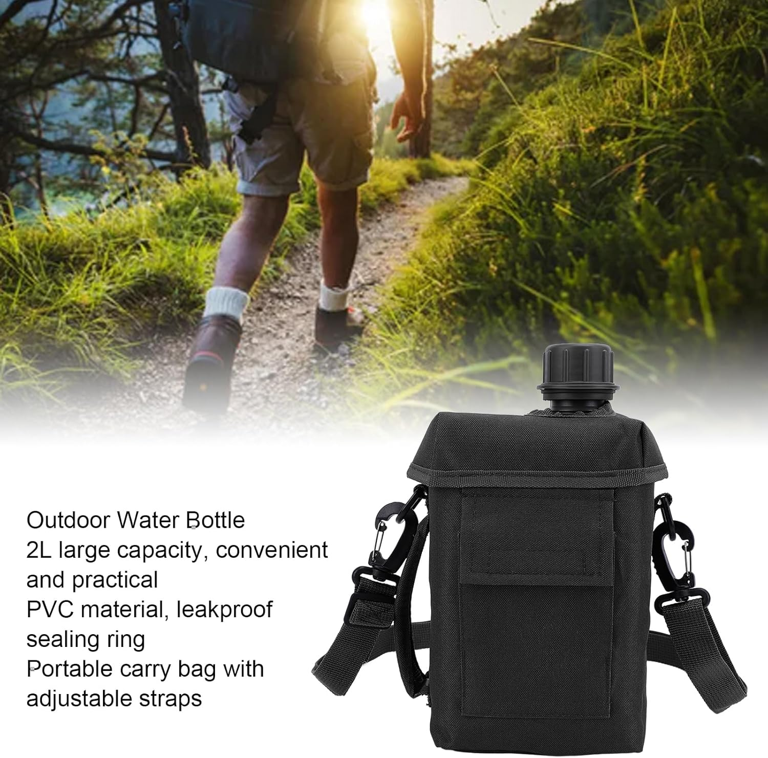 Sports Water Jug, 2L Large Capacity Running Water Bottle with Waist Bag, PVC Nylon Modern Water Flask Jug for Outdoor Sports Hiking (Black)