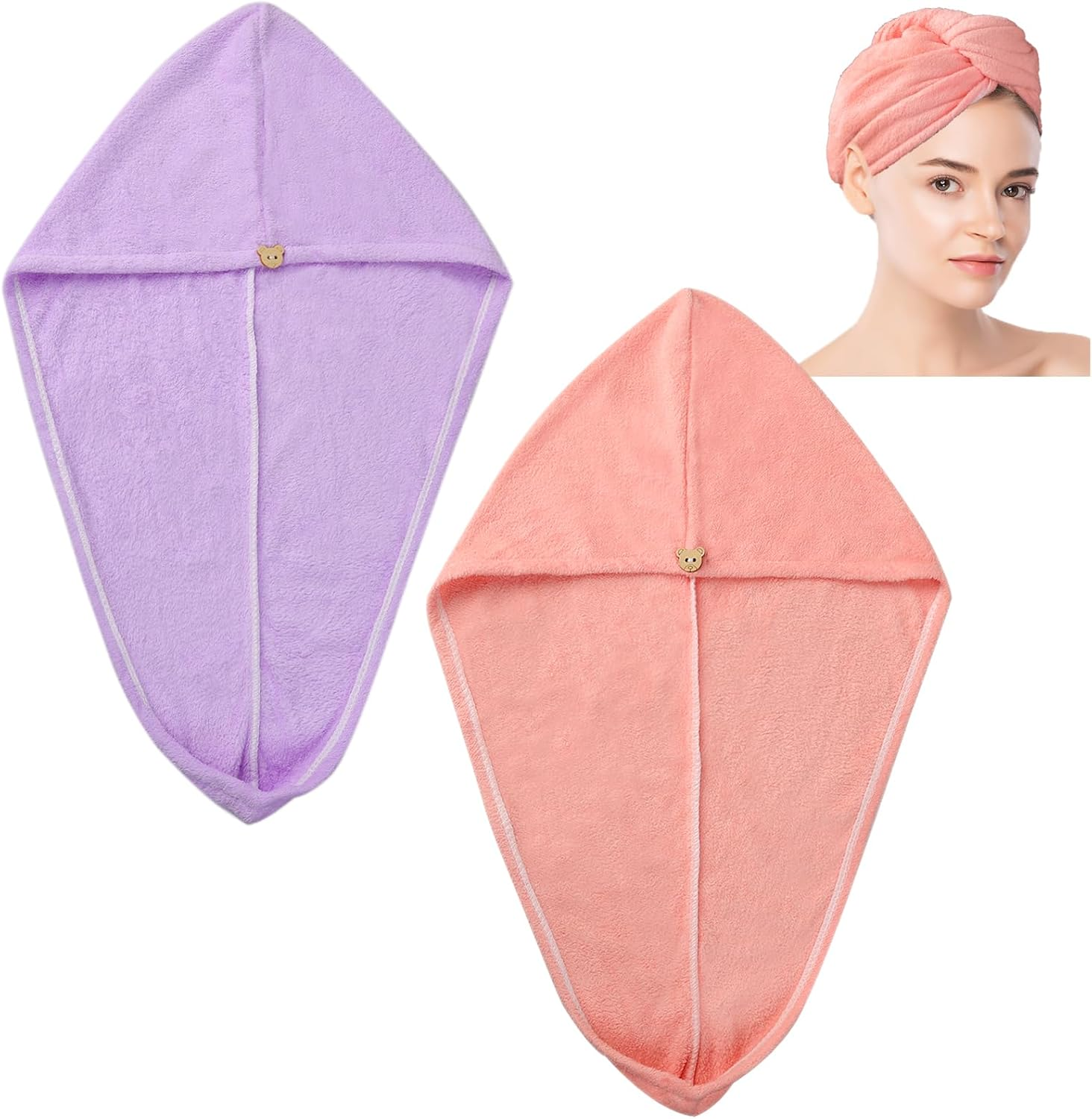 Pack of 2 Microfibre Hair Towels, Pink Purple Thickened Hair Turban for Drying Hair, Turban Towel with Button, Super Absorbent, Quick-Drying Hair, Soft Twisted Hair Towel for Women Children image number 2