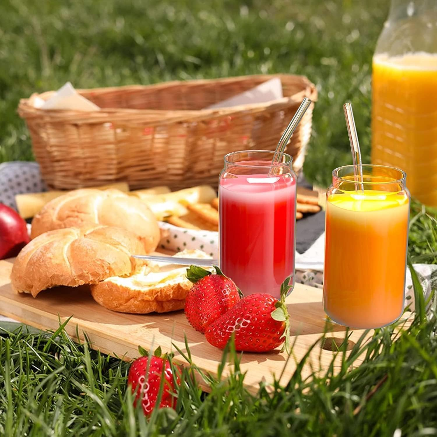 4 Set Glass Cups with Bamboo Lids and Straws, 16Oz Can Shaped Glass Cups, Iced Coffee Cup, Tumbler Cup Gift Set, Drinking Glassware, 2 Straws Brushes, 1 Cups Brushes