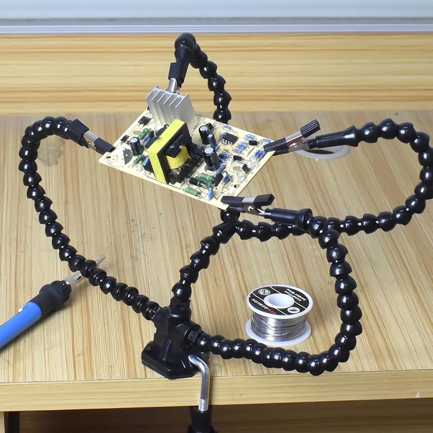 Third Hand Tool - 4 Flexible Arms with Adjustable Table Desk Clamp,4 Soft and Flexible Arms with Adjustable Clips 360 Degree Rotating Third Hand Tool for Soldering, Puchen - Blue image number 4