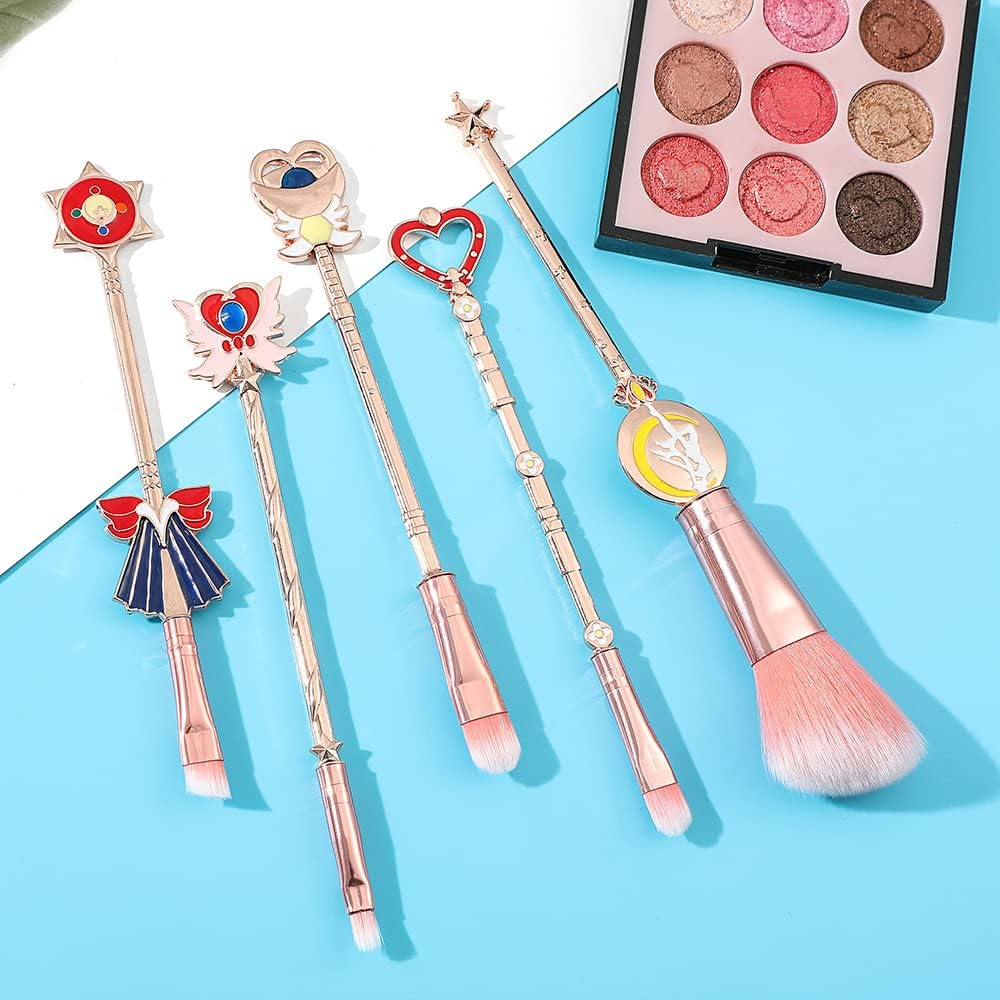 Rongji Jewelry Kawaii Sailormoon Makeup Brushes - 8Pcs Anime Magic Wand Brush Set with Pink Pouch, Professional Foundation Powder Flat Eyeline Blush Kit for Girl Women Fans (Pink 5Pcs) image number 2